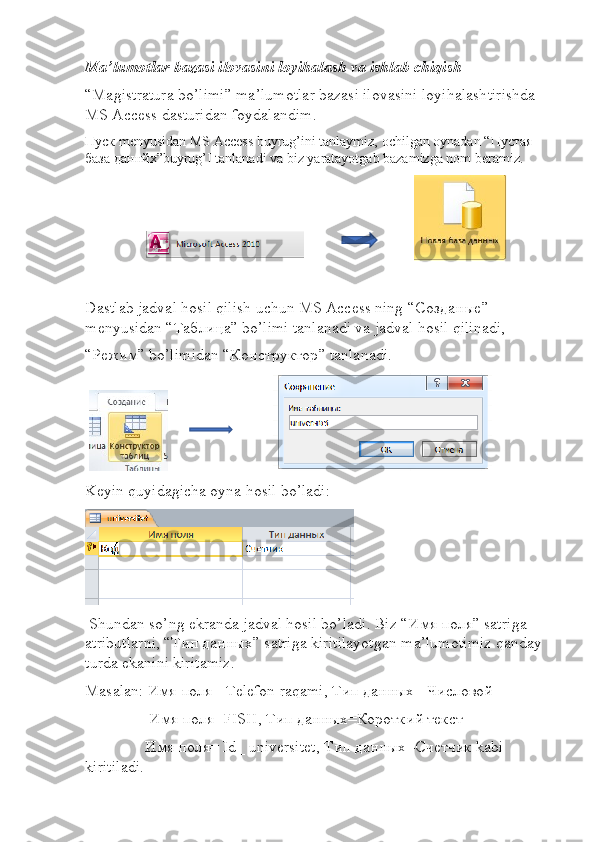 Ma’lumotlar bazasi ilovasini loyihalash va ishlab chiqish
“Magistratura bo’limi” ma’lumotlar bazasi ilovasini loyihalashtirishda 
MS Access dasturidan foydalandim.
Пуск  menyusidan MS Access buyrug’ini tanlaymiz, ochilgan oynadan “ Пустая  
база   даннйх ”buyrug’I tanlanadi va biz yaratayotgab bazamizga nom beramiz.
                                                             
Dastlab jadval hosil qilish uchun MS Access ning “ Созданые ” 
menyusidan “ Таблица ” bo’limi tanlanadi va jadval hosil qilinadi, 
“ Режим ” bo’limidan “ Конструктор ” tanlanadi.
                                
Keyin quyidagicha oyna hosil bo’ladi:
 Shundan so’ng ekranda jadval hosil bo’ladi. Biz “ Имя   поля ” satriga 
atributlarni, “ Тип   данных ” satriga kiritilayotgan ma’lumotimiz qanday 
turda ekanini kiritamiz.
Masalan : Имя поля=  Telefon   raqami , Тип данных= Числовой 
                Имя поля= FISH , Тип данных=Короткий текст
               Имя поля=  Id _  universitet , Тип данных=Счетчик  kabi  
kiritiladi .
                                                