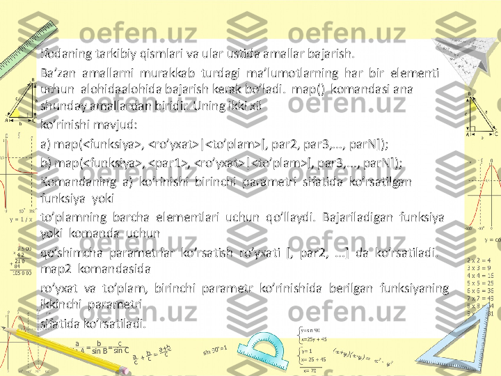 Ifodaning tarkibiy qismlari va ular ustida amallar bajarish.
Ba’zan  amallarni  murakkab  turdagi  ma’lumotlarning  har  bir  elementi  
uchun  alohidaalohida bajarish kerak bo’ladi.  map()  komandasi ana 
shunday amallardan biridir. Uning ikki xil 
ko’rinishi mavjud:
a) map(<funksiya>, <ro’yxat>|<to’plam>[, par2, par3,..., parN]);
b) map(<funksiya>, <par1>, <ro’yxat>|<to’plam>[, par3,..., parN]);
Komandaning  a)  ko’rinishi  birinchi  parametri  sifatida  ko’rsatilgan  
funksiya  yoki 
to’plamning  barcha  elementlari  uchun  qo’llaydi.  Bajariladigan  funksiya  
yoki  komanda  uchun 
qo’shimcha  parametrlar  ko’rsatish  ro’yxati  [,  par2,  ...]  da  ko’rsatiladi.  
map2  komandasida 
ro’yxat  va  to’plam,  birinchi  parametr  ko’rinishida  berilgan  funksiyaning  
ikkinchi  parametri 
sifatida ko’rsatiladi. 