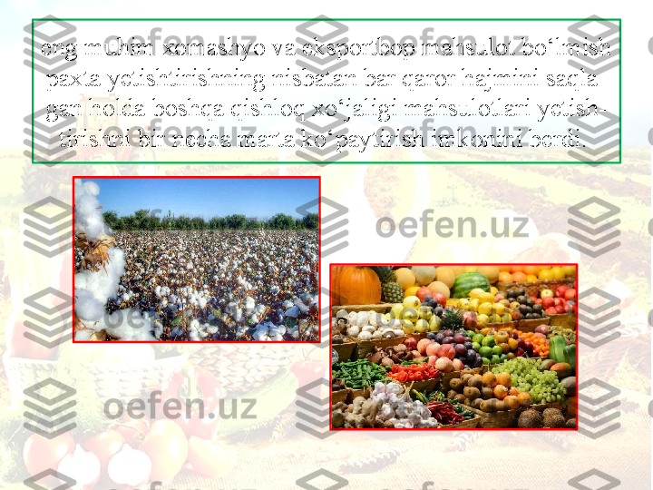 eng muhim  хо m а shyo v а  eksp о rtb о p m а hsul о t bo‘lmish 
p ах t а  y е tishtirishning nisb а t а n b а r q а r о r h а jmini s а ql а -
g а n h о ld а  b о shq а  qishl о q  х o‘j а ligi m а hsul о tl а ri y е tish-
tirishni bir n е ch а  marta ko‘p а ytirish imk о nini b е rdi.  