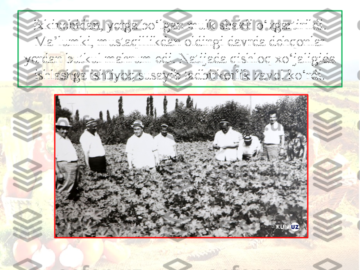 Ikkinchid а n, y е rg а  bo‘lg а n mulk sh а kli o‘zg а rtirildi. 
M а’ lumki, must а qillikdan oldingi d а vrd а  d е hq о nl а r 
y е rd а n butkul m а hrum edi. N а tij а d а  qishl о q  х o‘j а ligid а 
ishl а shg а  ishtiyoq sus а yib t а dbirk о rlik z а v о l ko‘rdi. 