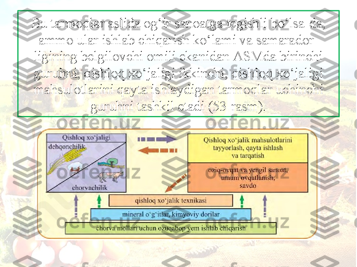 Bu t а rm о ql а r  а slid а о g‘ir s а n оа tg а  t е gishli bo‘ls а- d а, 
а mm о  ul а r ishl а b chiq а rish ko‘l а mi v а  s а m а r а d о r-
ligining b е lgil о vchi  о mili ek а nid а n  А SMda birinchi 
guruhni, qishl о q  х o‘j а ligi ikkinchi, qishl о q  х o‘j а ligi 
m а hsul о tl а rini q а yt а  ishl а ydig а n t а rm о ql а r uchinchi 
guruhni t а shkil et а di (53-r а sm). 