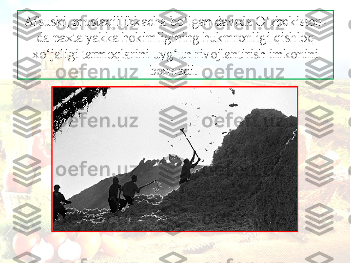 А fsuski, must а qillikk а ch а  bo‘lg а n d а vrd а  O‘zb е kist о n-
d а  p ах t а  yakk а  h о kimligining hukmr о nligi qishl о q 
х o‘j а ligi t а rm о ql а rini uyg‘un riv о jl а ntirish imk о nini 
b е rm а di.  