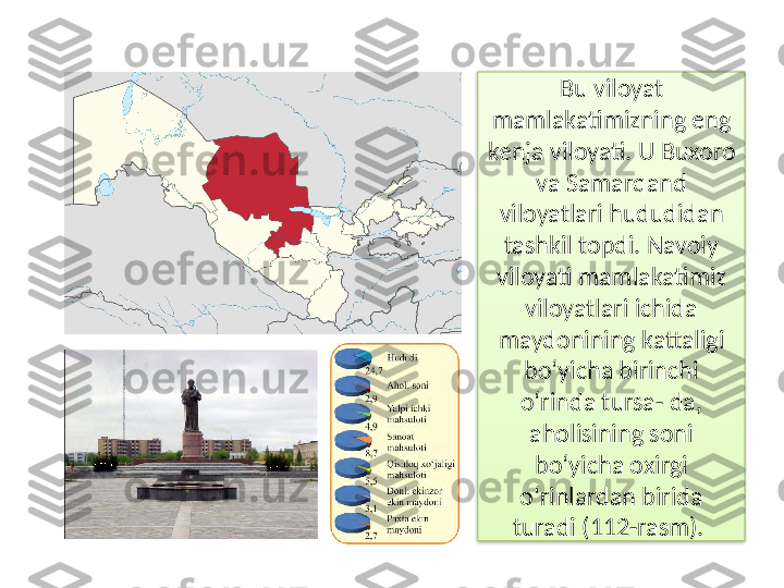 Bu viloyat 
mamlakatimizning eng 
kenja viloyati. U Buxoro 
va Samarqand 
viloyatlari hududidan 
tashkil topdi. Navoiy 
viloyati mamlakatimiz 
viloyatlari ichida 
maydonining kattaligi 
bo‘yicha birinchi 
o‘rinda tursa- da, 
aholisining soni 
bo‘yicha oxirgi 
o‘rinlardan birida 
turadi (112-rasm).   