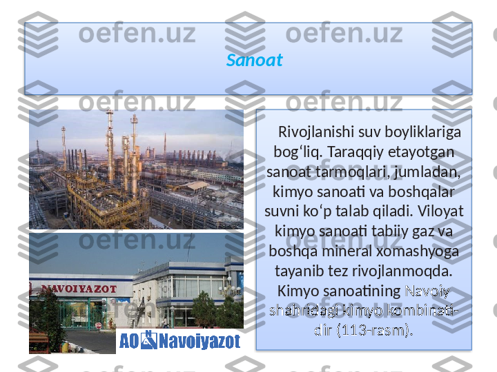 Sanoat
R ivojlanishi suv boyliklariga 
bog‘liq. Taraqqiy etayotgan 
sanoat tarmoqlari, jumladan, 
kimyo sanoati va boshqalar 
suvni ko‘p talab qiladi. Viloyat 
kimyo sanoati tabiiy gaz va 
boshqa mineral xomashyoga 
tayanib tez rivojlanmoqda. 
Kimyo sanoatining   Navoiy  
shahridagi kimyo kombinati- 
dir (113-rasm).   