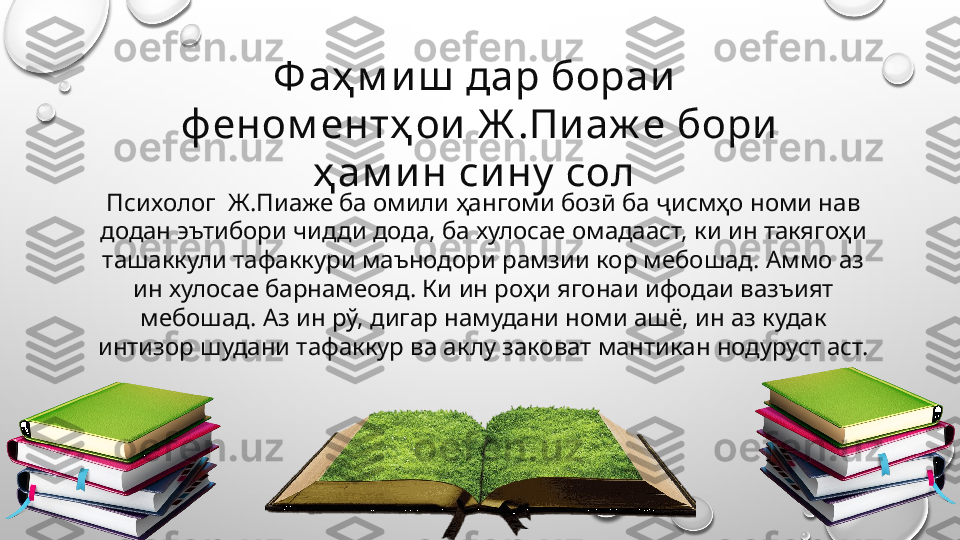 Ф аҳ м и ш  дар бораи   
ф еном ентҳ ои  Ж .Пи аж е бори  
ҳ ам и н си ну  сол  
Психолог  Ж.Пиаже ба омили ҳангоми бозӣ ба ҷисмҳо номи нав 
додан эътибори чидди дода, ба хулосае омадааст, ки ин такягоҳи 
ташаккули тафаккури маънодори рамзии кор мебошад. Аммо аз 
ин хулосае барнамеояд. Ки ин роҳи ягонаи ифодаи вазъият 
мебошад. Аз ин рў, дигар намудани номи ашё, ин аз кудак 
интизор шудани тафаккур ва аклу заковат мантикан нодуруст аст. 