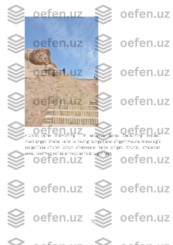 «Tuproq-qal’a»   eramizning   I-IV   asrlarida   Xoraz   davlatining   poytaxti
hisoblangan. Shahar tarixi to hozirgi kunga qadar o‘rganilmoqda. Arxeologik
yodgorlikka   chiqish   uchun   zinapoyalar   barpo   etilgan.   Chunki,   zinalardan
avval, loysimon yo‘laklar noqulayliklar tug‘dirgan.
25 