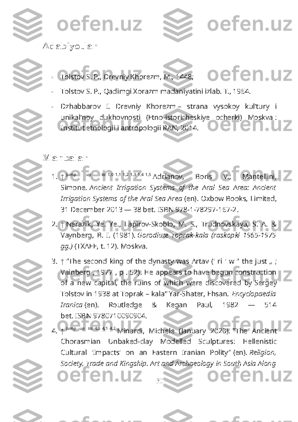 Adabiyotlar
 Tolstov S. P., Drevniy Khorezm, M., 1448;
 Tolstov S. P., Qadimgi Xorazm madaniyatini izlab. T., 1964.
 Dzhabbarov   I.   Drevniy   Khorezm   –   strana   vysokoy   kul’tury   i
unikal’noy   dukhovnosti   (Etno-istoricheskiye   ocherki)   Moskva   :
Institut etnologii i antropologii RAN, 2014.
Manbalar
1. ↑   Jump   up   to:   1,0
  1,1
  1,2
  1,3
  1,4
  1,5
  Adrianov,   Boris   V.;   Mantellini,
Simone .   Ancient   Irrigation   Systems   of   the   Aral   Sea   Area:   Ancient
Irrigation Systems of the Aral Sea Area   (en). Oxbow Books, Limited,
31 December 2013 — 38 bet.   ISBN   978-1-78297-167-2 .  
2. ↑   Nerazik,   Ye.   Ye.,   Lapirov-Skoblo,   M.   S.,   Trudnovskaya,   S.   A.   &
Vaynberg,   B.   I.   (1981).   Gorodiщe   Toprak-kala   (raskopki   1965-1975
gg.)   (TXAEE, t. 12). Moskva.
3. ↑   "The second king of the dynasty was Artav (' ri ' w " the just „   ;
Vainberg , 1977 , p . 52). He appears to have begun construction
of   a   new   capital,   the   ruins   of   which   were   discovered   by   Sergey
Tolstov   in 1938 at Toprak   – kala“   Yar-Shater, Ehsan .   Encyclopaedia
Iranica   (en).   Routledge   &   Kegan   Paul,   1982   —   514
bet.   ISBN   9780710090904 .  
4. ↑   Jump   up   to:   4,0
  4,1
  4,2
  Minardi,   Michele   (January   2020).   "The   Ancient
Chorasmian   Unbaked-clay   Modelled   Sculptures:   Hellenistic
Cultural   'Impacts'   on   an   Eastern   Iranian   Polity"   (en).   Religion,
Society, Trade and Kingship. Art and Archaeology in South Asia Along
30 