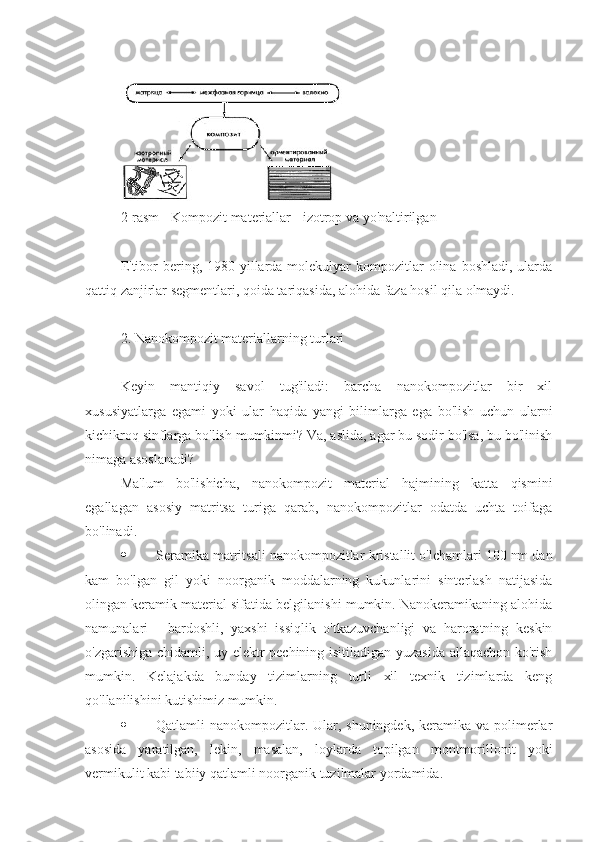 2-rasm - Kompozit materiallar - izotrop va yo'naltirilgan
E'tibor  bering,  1980-yillarda molekulyar   kompozitlar   olina  boshladi,  ularda
qattiq zanjirlar segmentlari, qoida tariqasida, alohida faza hosil qila olmaydi.
2. Nanokompozit materiallarning turlari
Keyin   mantiqiy   savol   tug'iladi:   barcha   nanokompozitlar   bir   xil
xususiyatlarga   egami   yoki   ular   haqida   yangi   bilimlarga   ega   bo'lish   uchun   ularni
kichikroq sinflarga bo'lish mumkinmi? Va, aslida, agar bu sodir bo'lsa, bu bo'linish
nimaga asoslanadi?
Ma'lum   bo'lishicha,   nanokompozit   material   hajmining   katta   qismini
egallagan   asosiy   matritsa   turiga   qarab,   nanokompozitlar   odatda   uchta   toifaga
bo'linadi.
 Seramika matritsali nanokompozitlar  kristallit o'lchamlari 100 nm dan
kam   bo'lgan   gil   yoki   noorganik   moddalarning   kukunlarini   sinterlash   natijasida
olingan keramik material sifatida belgilanishi mumkin. Nanokeramikaning alohida
namunalari   -   bardoshli,   yaxshi   issiqlik   o'tkazuvchanligi   va   haroratning   keskin
o'zgarishiga chidamli, uy elektr pechining isitiladigan yuzasida allaqachon ko'rish
mumkin.   Kelajakda   bunday   tizimlarning   turli   xil   texnik   tizimlarda   keng
qo'llanilishini kutishimiz mumkin.
 Qatlamli  nanokompozitlar. Ular, shuningdek,  keramika va polimerlar
asosida   yaratilgan,   lekin,   masalan,   loylarda   topilgan   montmorillonit   yoki
vermikulit kabi tabiiy qatlamli noorganik tuzilmalar yordamida. 