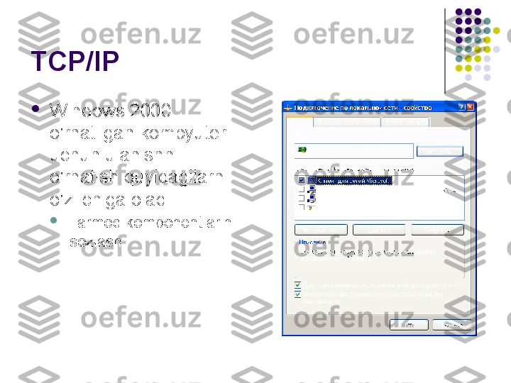 TCP/IP 

Windows 2000 
o'rnatilgan kompyuter 
uchun ulanishni 
o'rnatish quyidagilarni 
o'z ichiga oladi:

Tarmoq komponentlarini 
sozlash 