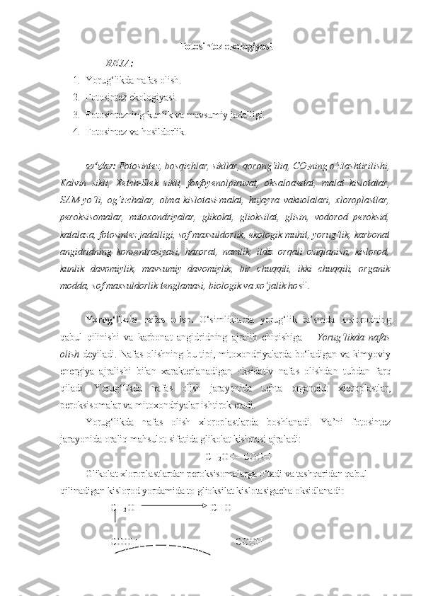 Fotosintez ekologiyasi
REJA:
1. Yorug‘likda nafas olish. 
2. Fotosintez ekologiyasi. 
3. Fotosintezning kunlik va mavsumiy jadalligi.
4. Fotosintez va hosildorlik. 
so‘zlar:   Fotosintez, bosqichlar, sikllar, qorong‘iliq, CO
2 ning o‘zlashtirilishi,
Kalvin   sikli,   Xetch-Slek   sikli,   fosfoyenolpiruvat,   oksaloasetat,   malat   kislotalar,
SAM-yo‘li,   og‘izchalar,   olma   kislotasi-malat,   hujayra   vakuolalari,   xloroplastlar,
peroksisomalar,   mitoxondriyalar,   glikolat,   glioksilat,   glisin,   vodorod   peroksid,
katalaza, fotosintez jadalligi, sof maxsuldorlik, ekologik muhit, yorug‘lik, karbonat
angidridning   konsentrasiyasi,   harorat,   namlik,   ildiz   orqali   oziqlanish,   kislorod,
kunlik   davomiylik,   mavsumiy   davomiylik,   bir   chuqqili,   ikki   chuqqili,   organik
modda, sof maxsuldorlik tenglamasi, biologik va xo‘jalik ho sil.
Yorug‘likda   nafas   olish .   O‘simliklarda   yorug‘lik   ta’sirida   kislorodning
qabul   qilinishi   va   karbonat   angidridning   ajralib   chiqishiga   –   Yorug‘likda   nafas
olish   deyiladi. Nafas olishning bu tipi, mitoxondriyalarda bo‘ladigan va kimyoviy
energiya   ajralishi   bilan   xarakterlanadigan   oksidativ   nafas   olishdan   tubdan   farq
qiladi.   Yorug‘likda   nafas   olish   jarayonida   uchta   organoid:   xloroplastlar,
peroksisomalar va mitoxondriyalar ishtirok etadi.
Yorug‘likda   nafas   olish   xloroplastlarda   boshlanadi.   Ya’ni   fotosintez
jarayonida oraliq mahsulot sifatida glikolat kislotasi ajraladi:
CH
2 OH– COOH
Glikolat xloroplastlardan peroksisomalarga o‘tadi va tashqaridan qabul 
qilinadigan kislorod yordamida to glioksilat kislotasigacha oksidlanadi:
CH
2 OH CHO
COOH COOH 