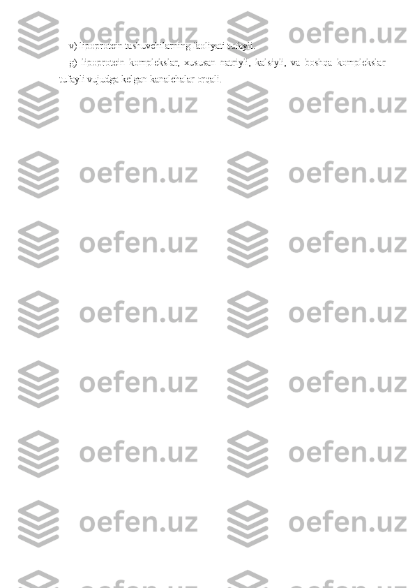 v) lipoprotein tashuvchilarning faoliyati tufayli.
g)   lipoprotein   komplekslar,   xususan   natriyli,   kalsiyli,   va   boshqa   komplekslar
tufayli vujudga kelgan kanalchalar orqali. 