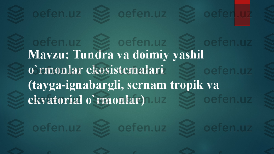 Mavzu:  Tundra va doimiy yashil 
o`rmonlar ekosistemalari 
(tayga-ignabargli, sernam tropik va 
ekvatorial o`rmonlar)  