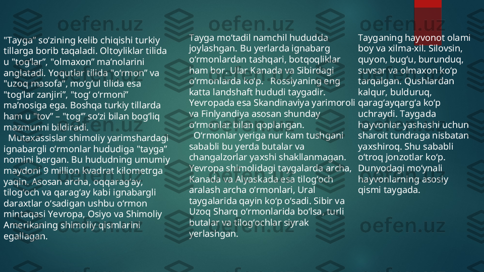 "Tayga” so‘zining kelib chiqishi turkiy 
tillarga borib taqaladi.  Oltoyliklar tilida 
u "tog‘lar”, "olmaxon” ma’nolarini 
anglatadi. Yoqutlar tilida "o‘rmon” va 
"uzoq masofa”, mo‘g‘ul tilida esa 
"tog‘lar zanjiri”, "tog‘ o‘rmoni” 
ma’nosiga ega. Boshqa turkiy tillarda 
ham u "tov” – "tog‘” so‘zi bilan bog‘liq 
mazmunni bildiradi.
  Mutaxassislar shimoliy yarimshardagi 
ignabargli o‘rmonlar hududiga "tayga” 
nomini bergan. Bu hududning umumiy 
maydoni 9 million kvadrat kilometrga 
yaqin. Asosan archa, oqqarag‘ay, 
tilog‘och va qarag‘ay kabi ignabargli 
daraxtlar o‘sadigan ushbu o‘rmon 
mintaqasi Yevropa, Osiyo va Shimoliy 
Amerikaning shimoliy qismlarini 
egallagan.  Tayga mo‘tadil namchil hududda 
joylashgan.  Bu yerlarda ignabarg 
o‘rmonlardan tashqari, botqoqliklar 
ham bor.  Ular Kanada va Sibirdagi 
o‘rmonlarda ko‘p.   Rossiyaning eng 
katta landshaft hududi taygadir. 
Yevropada esa Skandinaviya yarimoroli 
va Finlyandiya asosan shunday 
o‘rmonlar bilan qoplangan.
  O‘rmonlar yeriga nur kam tushgani 
sababli bu yerda butalar va 
changalzorlar yaxshi shakllanmagan. 
Yevropa shimolidagi taygalarda archa, 
Kanada va Alyaskada esa tilog‘och 
aralash archa o‘rmonlari, Ural 
taygalarida qayin ko‘p o‘sadi. Sibir va 
Uzoq Sharq o‘rmonlarida bo‘lsa, turli 
butalar va tilog‘ochlar siyrak 
yerlashgan. Tayganing hayvonot olami 
boy va xilma-xil. Silovsin, 
quyon, bug‘u, burunduq, 
suvsar va olmaxon ko‘p 
tarqalgan. Qushlardan 
kalqur, bulduruq, 
qarag‘ayqarg‘a ko‘p 
uchraydi. Taygada 
hayvonlar yashashi uchun 
sharoit tundraga nisbatan 
yaxshiroq. Shu sababli 
o‘troq jonzotlar ko‘p. 
Dunyodagi mo‘ynali 
hayvonlarning asosiy 
qismi taygada.  