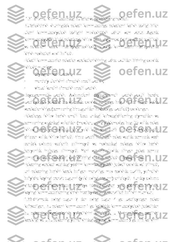  1.31-chizma. Kommutatordagi buferlar va paketlarning navbati.
Buferlashtirish   shuningdek   paketli   kommutatorga   paketlarni   kelish   tezligi   bilan
ularni   kommutatsiyalash   tezligini   moslashtirish   uchun   xam   zarur.   Agarda
kommutatsiyalash bloki paketlarga ishlov berib ulgurmasa (sarlovxalarni taxlillash
va   paketlarni   kerakli   interfeysga   tashlash),   u   xolda   kommutator   interfeyslarida
kirish navbatlari xosil bo’ladi.
Paketli kommutatorlar paketlar xarakatlanishining  uchta usulidan birining asosida
ishlashi mumkun:
• deytagrammali uzatish;
• mantiqiy ulanishni o’rnatish orqali uzatish;
• virtual kanalni o’rnatish orqali uzatish.
Deytagrammali   uzatish.   Axborotlarni   deytagrammali   uzatish   usuli   barcha
uzatilayotgan   paketlar   bir   xil   qoida   asosida   bir-biriga   bog     liq   bo’lmagan   xolda
xarakatlanishiga (tarmoqning bir tugunidan boshqasiga uzatiladi) asoslangan.
Paketlarga   ishlov   berish   amali   faqat   undagi   ko’rsatgichlarning   qiymatidan   va
tarmoqning xozirdagi xolatidan (masalan, uning yuklamasiga bog   liq xolda paket
ishlov   berilishga   navbatda   ko’p   yoki   kam   vaqt   turib   qolishi   mumkun)   kelib
chiqqan xolda ishlov beriladi. Biroq uzatib bo’lingan paket xaqida tarmoqda xech
qandek   axborot   saqlanib   qolinmaydi   va   navbatdagi   paketga   ishlov   berish
jaroyonida   inobatga   olinmaydi.   Yani   xar   bir   aloxida   olingan   paket   tarmoq
tomonidan butkul mustaqil uzatish birligi sifatida qaraladi – deytagramma.
Paketning xarakati xaqidagi yechim kommutatsiyalash jadvali asosida xal qilinadi,
uni   paketning   borishi   kerak   bo’lgan   manziliga   mos   ravishda   tuzilib,   yo’nalish
bo’yicha   keyingi   tranzit   tugunni   (yoki   oxirgi   tugunni)   aniqlaydi.   Bunday   axborot
sifatida   ushbu   kommutator   interfeys   identifikatorlari   yoki   yo’nalish   bo’yicha
keyingi kommutatorlarning kirish interfeyslarining manzillari bo’lishi mumkun.
1.32-chizmada   oxirgi   tugun   7   dan   oxirgi   tugun   4   ga   uzatilayotgan   paket
ko’rsatilgan.   Bu  paketni  kommutator   1  ga  kelishida  kommutatsiyalash  jadvalidan
bu   paketning   xarakatlanish   yo’nalishini   aniqlaydi,   u   V   interfeysga   uzatilishi
kerakligi va u bu paketning yo’nalishidagi keyingi kommutator 5 ga olib kelishini 