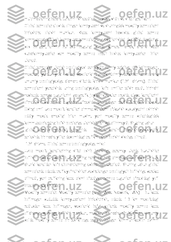 multimedianing barcha turlarini ishlatadilar – tovush, vidio va sifatli grafikani.
Global tarmoqlar aloxida olingan kompyuterni va shuningdek maxalliy tarmoqlarni
birlashtira   olaishi   mumkun.   Katta   kompyuterni   bevosita   global   tarmoq
kommutatoriga ulash kompyuter tarmoqlarining rivojlanishini dastlabki davrlariga
xos   bo’lgan,   ammo   bu   usul   bugungi   kunda   samarali   emas,   chunki   xatto
superkompyuterlar   xam   maxalliy   tarmoq   orqali   boshqa   kompyuterlar     bilan
ulanadi.
Global tarmoqlar ulanish topologiyasi qandaydir doimiy tarkibga olib kelinmagan,
masalan,   yulduz   yoki   xalqa,   vaxolanki   bundek   doimiy   tarkiblar   tarmoqning
umumiy   topologiyasiga   element   sifatida   kirishi   mumkun   (1.34-   chizma).   Global
tarmoqlarni   yaratishda   uning   topologiyasiga   ko’p   omillar   ta’sir   etadi,   birinchi
navbatda   tarmoq   tugunlarini   geografik   joylashishi,   ular   orasida   aloqa   kanallarini
o’rnatilishi   va   tarmoq   tugunlari   o’rtasida   uzatiladigan   trafik   darajasini   baxosi.
Oxirgi omil uzoq masofa kanallari qimmat va ularni o’tkazish xususiyatini oshirish
oddiy   masala   emasligi   bilan   muxim,   yani   maxalliy   tarmoq   xolatidagidek
kommutatorlarning bo’sh portlariga ulanish bilan xal qilinmaydi. Shuning uchun
 global  tarmoqni yaratish  jaroyonida odatda   kanalni   o’tkazish   xususiyatini
tanlashda bir necha yillar davomidagi trafikni oshib borishi xisobga olinadi.
 1.34-chizma. Global tarmoq topologiyasiga misol
Uzoq   masofa   kanallarining   sifati   oshib   borishiga   qaramay   ularda   buzulishlar
bo’lishi mumkun, kanal buzulishining narxi esa juda qimmatga tushishi mumkun,
chunki   kanaldan   ko’p  abonentlarning   axborotlari   uzatiladi.   Shuning  uchun   global
tarmoqlarda odatda trafik yo’nalishlari zaxiralangan topologiyali bo’lishiga xarakat
qilinadi,   yani   trafikning   katta   qismi   o’tadigan   tarmoq   tugunlari   o’rtasidagi   yo’l
bittadan ortiq bo’lishi.
Maxalliy   tarmoqlar.   Maxalliy   tarmoqlar   (Local   Area   Network,   LAN)   –   bu   katta
bo’lmagan   xududda   kompyuterlarni   birlashtirish,   odatda   1-2   km   masofadagi
radiusdan   katta   bo’lmagan,   vaxolanki   ba’zi   xollarda   maxalliy   tarmoq   katta
o’lchamga   xam   ega   bo’lishi   mumkun,   masalan,   bir   necha   o’n   kilometr.   Umumiy
xolda   maxalliy   tarmoq   bir   tashkilotga   tegishli   bo’lgan   kommunikatsion   tizimni 