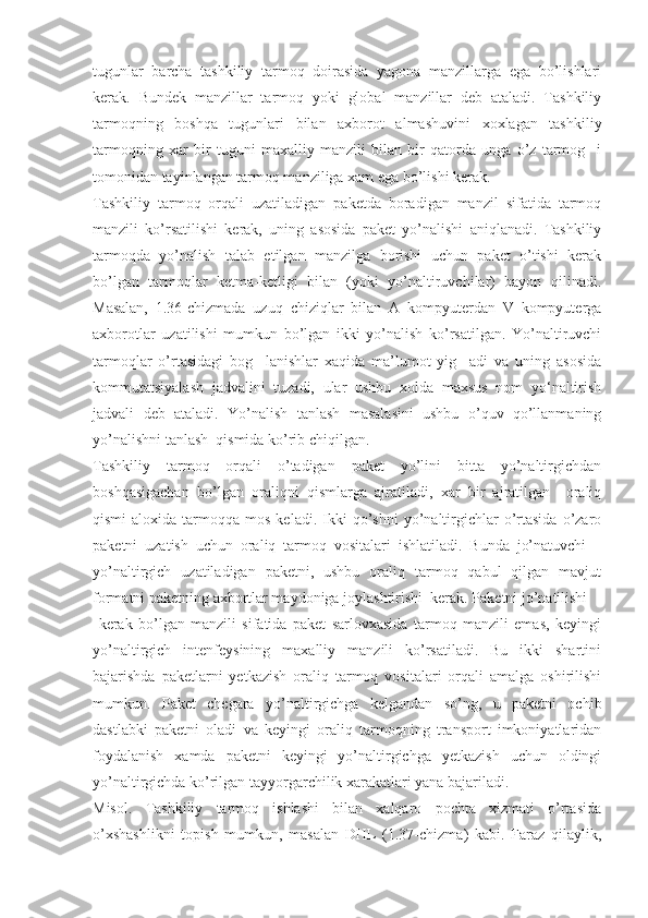 tugunlar   barcha   tashkiliy   tarmoq   doirasida   yagona   manzillarga   ega   bo’lishlari
kerak.   Bundek   manzillar   tarmoq   yoki   global   manzillar   deb   ataladi.   Tashkiliy
tarmoqning   boshqa   tugunlari   bilan   axborot   almashuvini   xoxlagan   tashkiliy
tarmoqning   xar   bir   tuguni   maxalliy   manzili   bilan   bir   qatorda   unga   o’z   tarmog     i
tomonidan tayinlangan tarmoq manziliga xam ega bo’lishi kerak.
Tashkiliy   tarmoq   orqali   uzatiladigan   paketda   boradigan   manzil   sifatida   tarmoq
manzili   ko’rsatilishi   kerak,   uning   asosida   paket   yo’nalishi   aniqlanadi.   Tashkiliy
tarmoqda   yo’nalish   talab   etilgan   manzilga   borishi   uchun   paket   o’tishi   kerak
bo’lgan   tarmoqlar   ketma-ketligi   bilan   (yoki   yo’naltiruvchilar)   bayon   qilinadi.
Masalan,   1.36-chizmada   uzuq   chiziqlar   bilan   A   kompyuterdan   V   kompyuterga
axborotlar   uzatilishi   mumkun   bo’lgan   ikki   yo’nalish   ko’rsatilgan.   Yo’naltiruvchi
tarmoqlar   o’rtasidagi   bog     lanishlar   xaqida   ma’lumot   yig     adi   va   uning   asosida
kommutatsiyalash   jadvalini   tuzadi,   ular   ushbu   xolda   maxsus   nom   yо‘naltirish
jadvali   deb   ataladi.   Yo’nalish   tanlash   masalasini   ushbu   o’quv   qo’llanmaning
yo’nalishni tanlash  qismida ko’rib chiqilgan.
Tashkiliy   tarmoq   orqali   o’tadigan   paket   yo’lini   bitta   yo’naltirgichdan
boshqasigachan   bo’lgan   oraliqni   qismlarga   ajratiladi,   xar   bir   ajratilgan     oraliq
qismi  aloxida  tarmoqqa  mos  keladi.   Ikki  qo’shni  yo’naltirgichlar   o’rtasida   o’zaro
paketni   uzatish   uchun   oraliq   tarmoq   vositalari   ishlatiladi.   Bunda   jo’natuvchi   –
yo’naltirgich   uzatiladigan   paketni,   ushbu   oraliq   tarmoq   qabul   qilgan   mavjut
formatni paketning axbortlar maydoniga joylashtirishi  kerak. Paketni jo’natilishi
  kerak   bo’lgan   manzili   sifatida   paket   sarlovxasida   tarmoq   manzili   emas,   keyingi
yo’naltirgich   intenfeysining   maxalliy   manzili   ko’rsatiladi.   Bu   ikki   shartini
bajarishda   paketlarni   yetkazish   oraliq   tarmoq   vositalari   orqali   amalga   oshirilishi
mumkun.   Paket   chegara   yo’naltirgichga   kelgandan   so’ng,   u   paketni   ochib
dastlabki   paketni   oladi   va   keyingi   oraliq   tarmoqning   transport   imkoniyatlaridan
foydalanish   xamda   paketni   keyingi   yo’naltirgichga   yetkazish   uchun   oldingi
yo’naltirgichda ko’rilgan tayyorgarchilik xarakatlari yana bajariladi.
Misol.   Tashkiliy   tarmoq   ishlashi   bilan   xalqaro   pochta   xizmati   o’rtasida
o’xshashlikni   topish   mumkun,   masalan   DHL   (1.37-chizma)   kabi.   Faraz   qilaylik, 