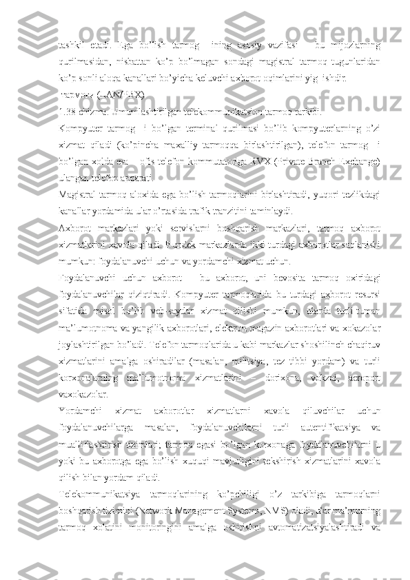 tashkil   etadi.   Ega   bo’lish   tarmog     ining   asosiy   vazifasi   –   bu   mijozlarning
qurilmasidan,   nisbattan   ko’p   bo’lmagan   sondagi   magistral   tarmoq   tugunlaridan
ko’p sonli aloqa kanallari bo’yicha keluvchi axborot oqimlarini yig  ishdir.
 тармоғи (LAN/PBX)
1.38-chizma. Umumlashtirilgan telekommunikatsion tarmoq tarkibi.
Kompyuter   tarmog     i   bo’lgan   terminal   qurilmasi   bo’lib   kompyuterlarning   o’zi
xizmat   qiladi   (ko’pincha   maxalliy   tarmoqqa   birlashtirilgan),   telefon   tarmog     i
bo’lgan xolda  esa – ofis telefon kommutatoriga  RVX (Private Branch  Exchange)
ulangan telefon apparati.
Magistral   tarmoq   aloxida   ega   bo’lish   tarmoqlarini   birlashtiradi,   yuqori   tezlikdagi
kanallar yordamida ular o’rtasida trafik tranzitini taminlaydi.
Axborot   markazlari   yoki   servislarni   boshqarish   markazlari,   tarmoq   axborot
xizmatlarini   xavola  qiladi.  Bundek  markazlarda ikki   turdagi   axborotlar   saqlanishi
mumkun: foydalanuvchi uchun va yordamchi xizmat uchun.
Foydalanuvchi   uchun   axborot   –   bu   axborot,   uni   bevosita   tarmoq   oxiridagi
foydalanuvchilar   qiziqtiradi.   Kompyuter   tarmoqlarida   bu   turdagi   axborot   resursi
sifatida   misol   bo’lib   veb-saytlar   xizmat   qilishi   mumkun,   ularda   turli-tuman
ma’lumotnoma va yangilik axborotlari, elektron magazin axborotlari va xokazolar
joylashtirilgan bo’ladi. Telefon tarmoqlarida u kabi markazlar shoshilinch chaqiruv
xizmatlarini   amalga   oshiradilar   (masalan,   militsiya,   tez   tibbi   yordam)   va   turli
korxonalarning   ma’lumotnoma   xizmatlarini   –   dorixona,   vokzal,   aeroport
vaxokazolar.
Yordamchi   xizmat   axborotlar   xizmatlarni   xavola   qiluvchilar   uchun
foydalanuvchilarga   masalan,   foydalanuvchilarni   turli   autentifikatsiya   va
mualliflashtirish   tizimlari;   tarmoq   egasi   bo’lgan   korxonaga   foydalanuvchilarni   u
yoki   bu   axborotga   ega   bo’lish   xuquqi   mavjutligini   tekshirish   xizmatlarini   xavola
qilish bilan yordam qiladi.
Telekommunikatsiya   tarmoqlarining   ko’pchiligi   o’z   tarkibiga   tarmoqlarni
boshqarish tizimini (Network Management Systems, NMS) oladi, ular ma’murning
tarmoq   xolatini   monitoringini   amalga   oshirishni   avtomatizatsiyalashtiradi   va 