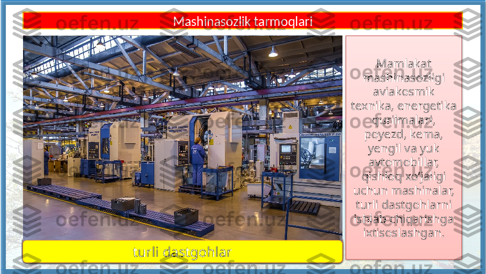 Mamlakat 
mashinasozligi 
aviakosmik 
texnika, energetika 
qurilmalari, 
poyezd, kema, 
yengil va yuk 
avtomobillar, 
qishloq xo‘jaligi 
uchun mashinalar, 
turli dastgohlarni 
ishlab chiqarishga 
ixtisoslashgan.
aviakosmik texnika Mashinasozlik tarmoqlari
energetika qurilmalari poyezd vagonlari
kema
yengil avtomobil
yuk avtomobili
qish loq xo‘jaligi mashinalari turli dastgohlar           