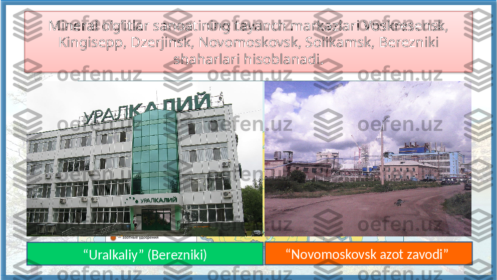 Mineral o‘g‘itlar sanoatining tayanch markazlari Voskresensk, 
Kingisepp, Dzerjinsk, Novomoskovsk, Solikamsk, Berezniki
shaharlari hisoblanadi.
5
62
1
4
3
“ Uralkaliy” (Berezniki) “ Novomoskovsk azot zavodi”    