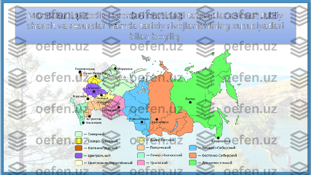 Mamlakat iqtisodiy rayonlari orasidagi tafovutlar asosan tabiiy 
sharoit va resurslar hamda tarixiy rivojlanishining xususiyatlari 
bilan bog‘liq.   