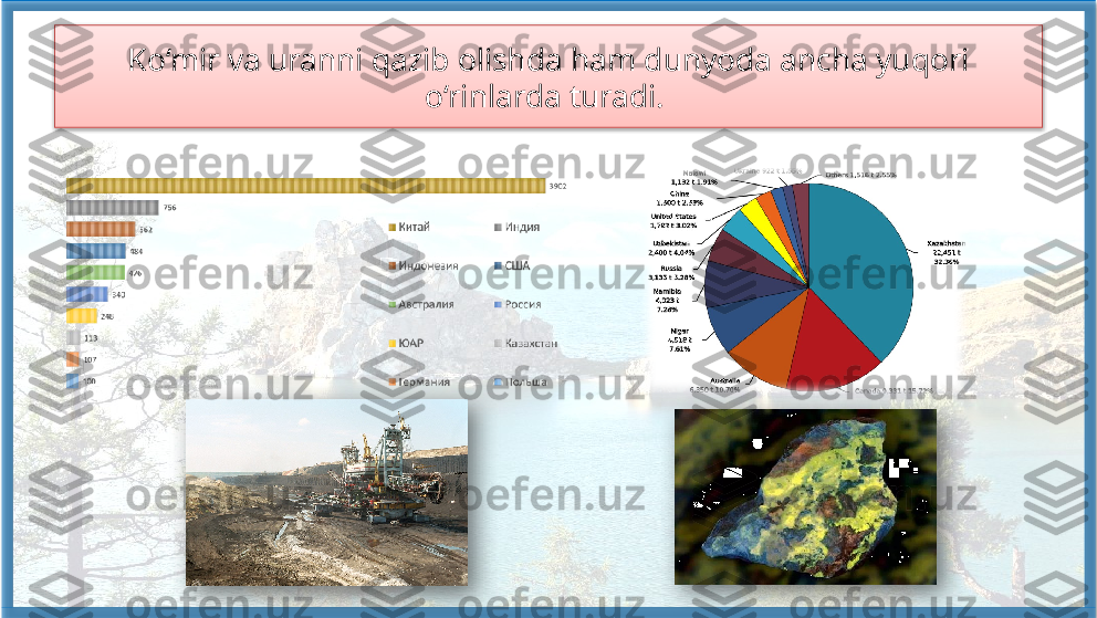 Ko‘mir va uranni qazib olishda ham dunyoda ancha yuqori 
o‘rinlarda turadi.      