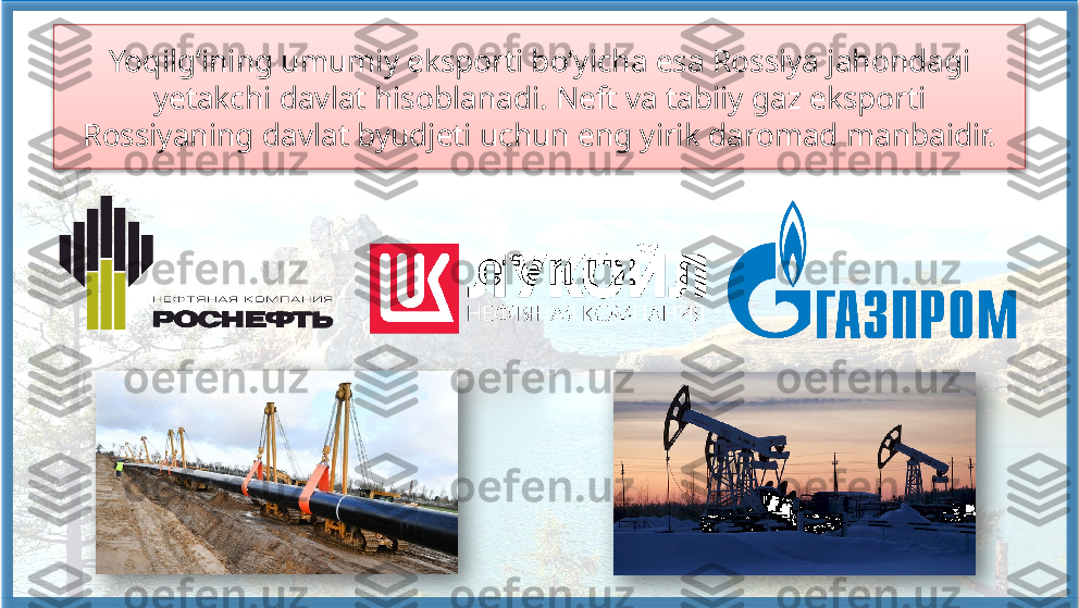 Yoqilg‘ining umumiy eksporti bo‘yicha esa Rossiya jahondagi 
yetakchi davlat hisoblanadi. Neft va tabiiy gaz eksporti 
Rossiyaning davlat byudjeti uchun eng yirik daromad manbaidir.     