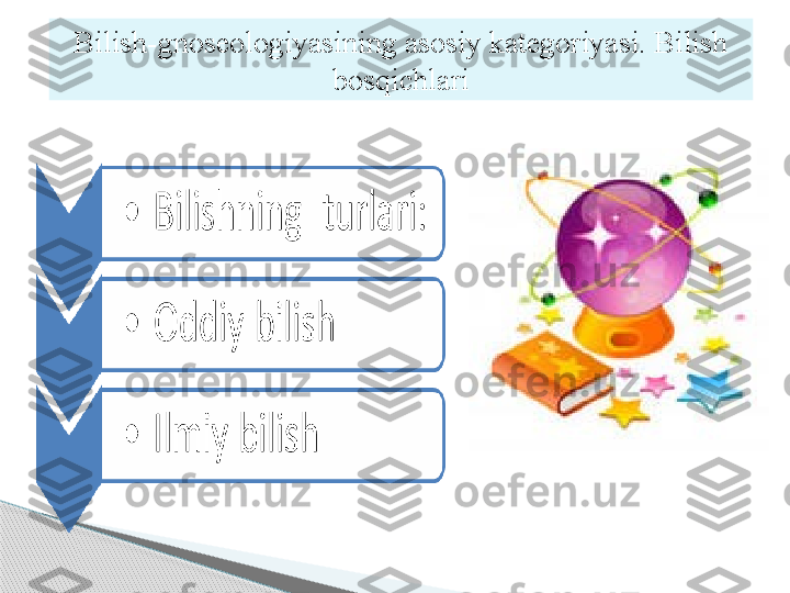 Bilish-gnoseologiyasining asosiy kategoriyasi. Bilish 
bosqichlari     