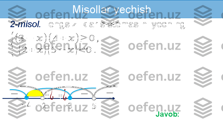 Misollar yechish
2-misol.   Tengsizliklar sistemasini yeching:{	
(	3	−	??????	)	(	4	+	??????	)	≥	0	,	
(2	+	??????	)	(5	−	??????	)<	0	.	
??????	−	4
Javob: 	
−	+	¿	−??????	
−	2	
−	−	+	¿        