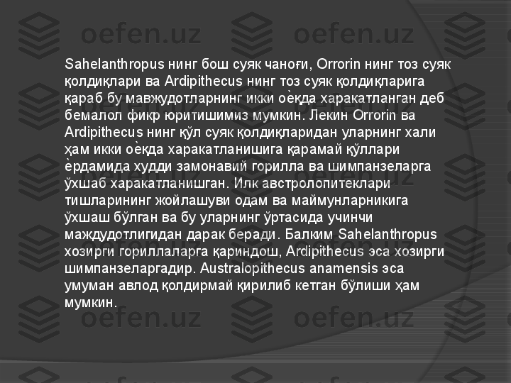 Sahelanthropus  нинг бош суяк чаноғи,  Orrorin  нинг тоз суяк 
қолдиқлари ва  Ardipithecus  нинг тоз суяк қолдиқларига 
қараб бу мавжудотларнинг икки оеVқда харакатланган деб 
бемалол фикр юритишимиз мумкин. Лекин  Orrorin  ва 
Ardipithecus  нинг қўл суяк қолдиқларидан уларнинг хали 
ҳам икки о	
еVқда харакатланишига қарамай қўллари 
е	
Vрдамида худди замонавий горилла ва шимпанзеларга 
ўхшаб харакатланишган. Илк австролопитеклари 
тишларининг жойлашуви одам ва маймунларникига 
ўхшаш бўлган ва бу уларнинг ўртасида учинчи 
маждудотлигидан дарак беради. Балким  Sahelanthropus 
хозирги гориллаларга қариндош,  Ardipithecus  эса хозирги 
шимпанзеларгадир.  Australopithecus anamensis  эса 
умуман авлод қолдирмай қирилиб кетган бўлиши ҳам 
мумкин.      