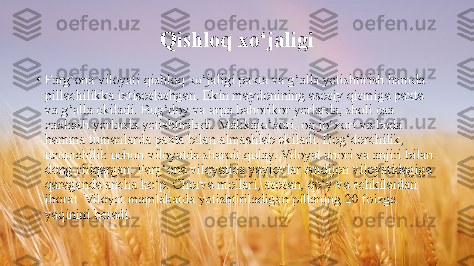 Qishloq xo‘jaligi
•
Farg‘ona viloyati qishloq xo‘jaligi paxta va g‘alla yetishtirish hamda 
pillachilikka ixtisoslashgan. Ekin maydonining asosiy qismiga paxta 
va g‘alla ekiladi. Bug‘doy va arpa bahorikor yerlarda, sholi esa 
zaxkash yerlarda yetishtiriladi. Makkajo‘xori, oq jo‘xori va beda 
hamma tumanlarda paxta bilan almashlab ekiladi. Bog‘dorchilik, 
uzumchilik uchun viloyatda sharoit qulay. Viloyat anori va anjiri bilan 
dong chiqargan. Farg‘ona viloyatida yaylovlar Andijon viloyatidagiga 
qaraganda ancha ko‘p. Chorva mollari, asosan, qo‘y va echkilardan 
iborat. Viloyat mamlakatda yetishtiriladigan pillaning 20 foizga 
yaqinini beradi.  