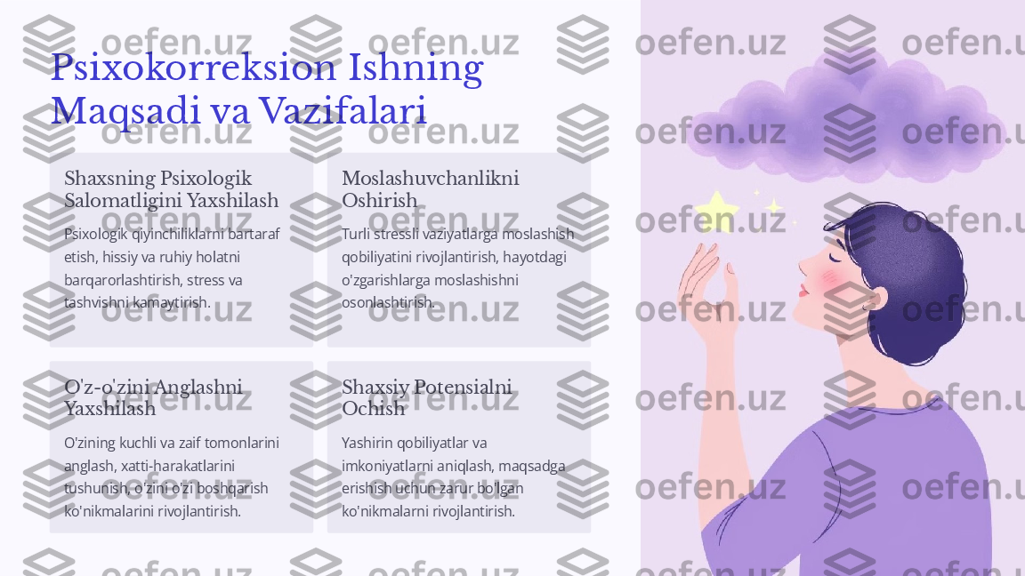 Psixokorreksion Ishning 
Maqsadi va Vazifalari
Shaxsning Psixologik 
Salomatligini Yaxshilash
Psixologik qiyinchiliklarni bartaraf 
etish, hissiy va ruhiy holatni 
barqarorlashtirish, stress va 
tashvishni kamaytirish. Moslashuvchanlikni 
Oshirish
Turli stressli vaziyatlarga moslashish 
qobiliyatini rivojlantirish, hayotdagi 
o'zgarishlarga moslashishni 
osonlashtirish.
O'z-o'zini Anglashni 
Yaxshilash
O'zining kuchli va zaif tomonlarini 
anglash, xatti-harakatlarini 
tushunish, o'zini o'zi boshqarish 
ko'nikmalarini rivojlantirish. Shaxsiy Potensialni 
Ochish
Yashirin qobiliyatlar va 
imkoniyatlarni aniqlash, maqsadga 
erishish uchun zarur bo'lgan 
ko'nikmalarni rivojlantirish. 