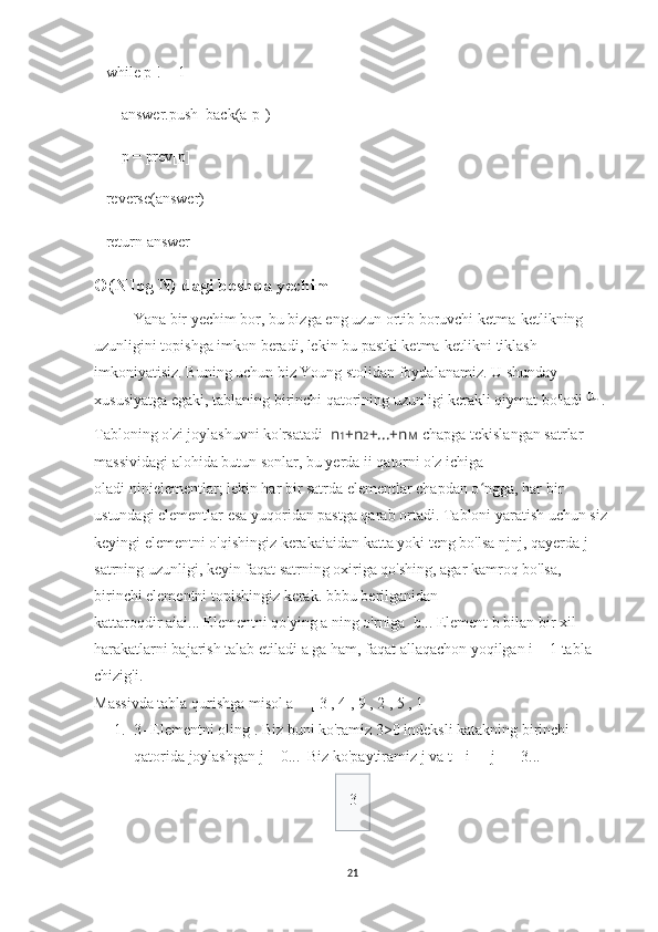    while p != -1
       answer.push_back(a[p])
       p = prev[p]
   reverse(answer)
   return answer
O(N log N) dagi boshqa yechim  
Yana bir yechim bor, bu bizga eng uzun ortib boruvchi ketma-ketlikning 
uzunligini topishga imkon beradi, lekin bu pastki ketma-ketlikni tiklash 
imkoniyatisiz.   Buning uchun biz Young stolidan foydalanamiz.   U shunday 
xususiyatga egaki, tablaning birinchi qatorining uzunligi kerakli qiymat bo'ladi   [1]
  .
Tabloning o'zi joylashuvni ko'rsatadi     n 1 + n 2 +...+ n M   chapga tekislangan satrlar 
massividagi alohida butun sonlar, bu yerda   i i   qatorni o'z ichiga 
oladi   ni ni elementlar;   lekin har bir satrda elementlar chapdan o ngga, har bir ʻ
ustundagi elementlar esa yuqoridan pastga qarab ortadi.   Tabloni yaratish uchun siz 
keyingi elementni o'qishingiz kerak ai ai dan katta yoki teng bo'lsa   nj nj , qayerda   j   - 
satrning uzunligi, keyin faqat satrning oxiriga qo'shing, agar kamroq bo'lsa, 
birinchi elementni topishingiz kerak.   b b bu berilganidan 
kattaroqdir   ai ai ...   Elementni qo'ying   a   ning o'rniga     b ...   Element  b   bilan bir xil 
harakatlarni bajarish talab etiladi   a ga ham , faqat allaqachon yoqilgan   i   +   1   tabla 
chizig'i.
Massivda tabla qurishga misol   a   =   [   3   ,   4   ,   9   ,   2   ,   5   ,   1   ]
1. 3- Elementni oling   .   Biz buni ko'ramiz  3 >0  indeksli katakning birinchi 
qatorida joylashgan   j   =   0 ...    Biz ko'paytiramiz  j   va   t   [   i   ]   [   j   ]   =   3 ...
    3    
21 