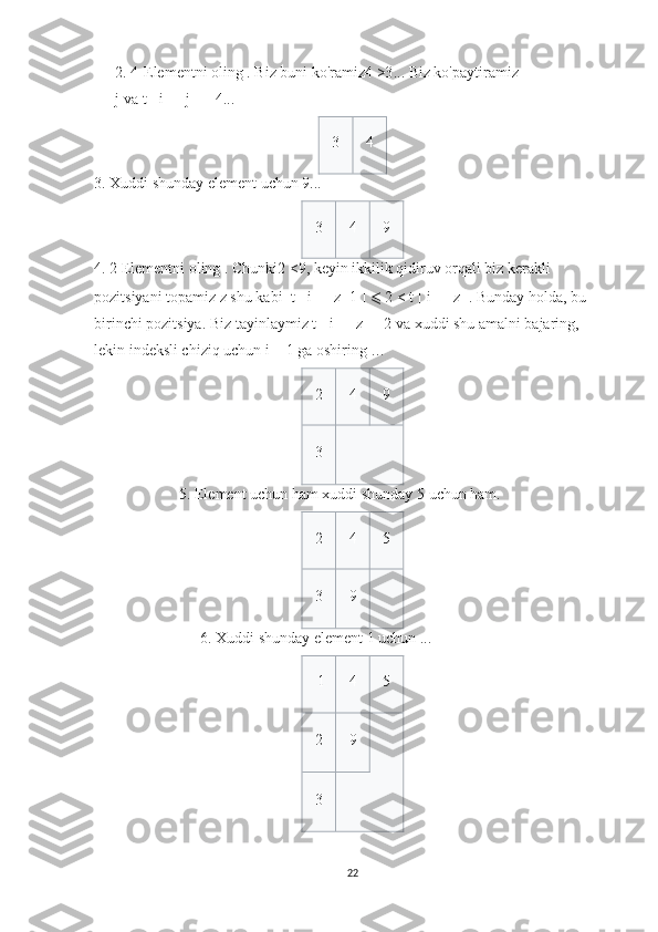 2. 4-Elementni oling   .   Biz buni ko'ramiz 4   >3 ...   Biz ko'paytiramiz  
j   va   t   [   i   ]   [   j   ]   =   4 ...
    3         4    
3. Xuddi shunday element uchun   9 ...
    3         4         9    
4. 2 Elementni oling   .   Chunki 2   <9 , keyin ikkilik qidiruv orqali biz kerakli 
pozitsiyani topamiz   z   shu kabi    t   [   i   ]   [   z -   1   ]   ⩽   2   <   t   [   i   ]   [   z ]  .  Bunday holda, bu 
birinchi pozitsiya.   Biz tayinlaymiz  t   [   i   ]   [   z ]   =   2   va xuddi shu amalni bajaring, 
lekin indeksli chiziq uchun   i   +   1 ga oshiring …
    2         4         9    
    3    
5. Element uchun ham xuddi shunday   5  uchun ham.
    2         4         5    
    3         9    
6. Xuddi shunday element 1 uchun   ...
    1       4         5    
    2         9    
    3    
22 