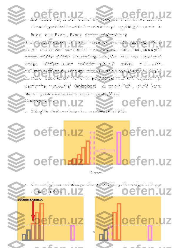  Aks   holda   a
i     mavjud   uzunlik   uchun   eng   yaxshi   element   bo'ladi   va   faqat   bitta
elementni   yaxshilashi   mumkin   B   massivdan   keyin   eng   kichigini   topamiz       k   :
B k  >  a
i     va k :  B k  >  a
i   ,     B k  va  a
i    elementlarni almashtiring  
Shuni ta'kidlash kerakki, hosil bo'lgan massiv ham biz amallarni bajarishimiz kerak
bo'lgan   ortib boruvchi ketma-ketlikni hosil qiladinadi.     insert   ,     next   ,   delete   ya’ni
element   qo’shish   o’chirish   kabi   amallarga   ko'ra,   Van   Emde   Boas   daraxti   orqali
amalga   oshirilgan   ustuvor   navbatdan   foydalanish   tavsiya   etiladi   .   Ushbu
ma'lumotlar strukturasi tasvirlangan operatsiyalarni bajarganligi sababli   O   (   logk   ) ,
bu erda k - daraxt saqlashi mumkin bo'lgan raqamlar bitlari soni, natijada olingan
algoritmning   murakkabligi   O ( n loglog n )     ga   teng   bo’ladi   ,   chunki   ketma-
ketlikning barcha elementlari ko'pi bilan n ga teng.Misol:
Operatsiya turlari:
 Oldingi barcha elementlardan kattaroq elementni qo'shish:
2-rasm.
 Elementni ko'proq mos keladigan bilan almashtirish, ya'ni.   maksimal bo'lmagan
elementni qo'shish:
5 