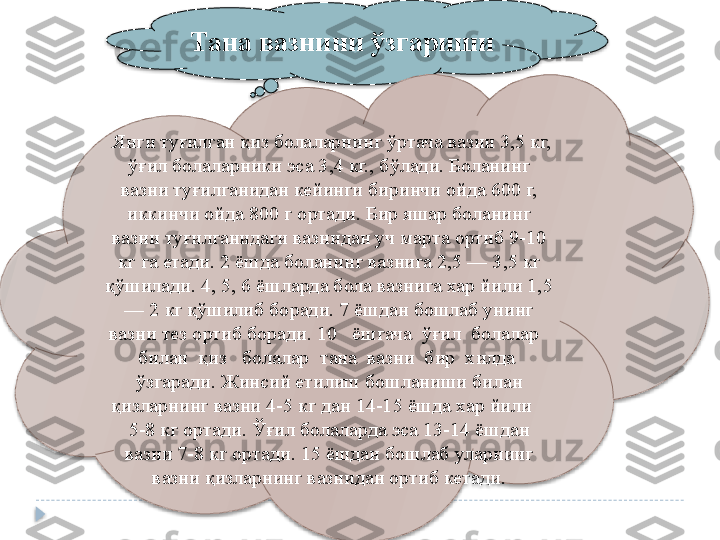   Тана вазни ни  ўзгари ши
 
  Янги ту ғи лган  қ из болаларнинг  ў ртача вазни 3,5 кг, 
ўғ ил болаларники эса 3,4 кг., бўлади. Боланинг 
вазни ту ғ илганидан кейинги биринчи ойда 600 г, 
иккинчи ойда 800 г ортади. Бир яшар боланинг 
вазни ту ғ илганидаги вазнидан уч марта ортиб 9 - 10 
кг га етади. 2 ёшда боланинг вазнига 2,5 — 3,5 кг 
қў шилади. 4, 5, 6 ёшларда бола вазнига хар йили 1,5 
— 2 кг қўшилиб боради. 7 ёшдан бошлаб унинг 
вазни тез ортиб боради. 10   ёшгача   ўғ ил  болалар   
билан   қ из   болалар  тана  вазни  бир  хилда  
ўзгаради.  Жинсий етилиш бошланиши билан 
қизларнинг вазни 4-5 кг дан 14-15 ёшда хар йили     
5-8 кг ортади.  Ў ғил   болаларда эса 13-14 ёшдан 
вазни 7-8 кг ортади. 15 ёшдан бошлаб уларнинг 
вазни қизларнинг вазнидан ортиб кетади.    