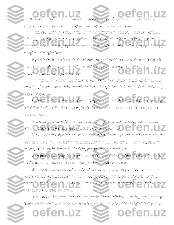 h   –v:   ahvol   –   avhol:   p   –r:   tuproq   –   turpoq,   r   –g:   o‘rganmoq   –o‘granmoq:   g'–   r:
to‘g'ramoq – to'rg'ainoq, n –m: aylanmoq – aynalmoq va boshqalar.
Proteza.   So‘z   boshida   bitta   unlining   orttirilishi   proteza   hodisasi   sanaladi.
Odatda,   aksariyat   sonor   r   tovushidan   oldin   o‘   va   o‘   unlilari   orttiriladi:   ro‘mol   –
o‘ramol,   ro‘za   –o‘raza,   rayhon   –o‘rahon,   rozi   –   o‘rozi,   rais   –   o‘rais,   rang   –o‘rang,
ro'zg'or – o‘razg'or kabi.
Ayrim holatda so'z boshida sirg'aluvchi va portlovchi ikki undosh qator kelganda
i unlisi orttirilishi mumkin: shkaf – ishkaf, spravka – ispravka, stol – istol,stul – istul,
shtraf – ishtaraf, stansiya – istansa.
Epenteza.   So‘z   boshida,   o‘rtasida   va   oxirida   ikki   undosh   qator   kelganda,   ulai
orasida i, ba'zan u va a unlisi orttiriladi: fikr – fikir, hukm –hukum, doklad – dakalad,
klass– kilass.
Epiteza.   So‘z   oxirida   bir   o‘rinda   kelgan   ikki   undoshdan   so‘ng   a   tovushining
qo‘shilish hodisasidir: disk –diska, bank –banka, tank – tanka, kios –kioska, otpusk –
otpuska kabi.
Prokopa.   Bunda   so‘z   boshida   ba'zan   unli   yoki   undosh   tovush   tushib   qoladi   :
yiroq – iroq, yigna –igna, yig'ach– ag'ach, yirik –iri, yuz –uz.
Sinkopa   hodisasiga binoan so‘z o‘rtasidagi  va oxiridagi keng unlilar  tor unlilar
kabi talaffuz qilinadi va ayrim holatlarda tushib qoladi: valochka – valichka, traktor –
traktir, avtor –avtir, direktor – direktir, generator – generatir kabi.
Apakopa   so'z o‘zagidagi oxirgi unli yoki undoshning tushishi hodisasidir: do‘st
–do‘s, xursand – xursan, gazeta – gazit, smena – smen va hokazo.
Sinerezis   hodisasiga   ko‘ra   so‘z   o‘rtasida   bir   joyda   kelgan   ikki   unlining   biri
kuchsizlanadi va nutqda tushib qoladi. Ikkinchi unli fonema esa cho‘ziq taffuz etiladi:
maorif–   mo:rif,   saodat   –   stxdat,   qiroat   –qiro:t,   jamoat–jamo:t.   Bu   hodisa   asl
o‘zbekcha so‘zlarga xos emas.
Reduksiya.   So‘zning   birinchi   bo'g'inida   biror   unlining,   odatda,,   tor   unlining
kuchsizlanib talaffuz qilinishidir. Masalan, bir, bil, til so‘zlari bir bo‘g'inli bo‘lganligi 