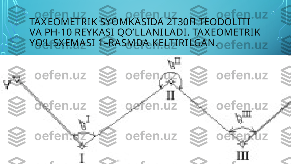 TA X EOMETRI K SYOMKA SIDA   2 Т30П  TEODOLITI  
VA   РН-10  REY KASI  QO’LLAN I LA DI .   TA X EOMETRI K 
YO’L SX EMA SI 1–RA SMDA  KELTI RI LGAN .  