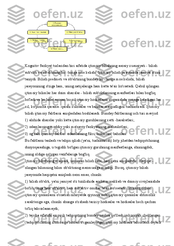 Kognitiv faoliyat turlaridan biri sifatida ijtimoiy bilishning asosiy xususiyati - bilish 
sub'ekti va ob'ektining bir -biriga mos kelishi. Ijtimoiy bilish jarayonida jamiyat o'zini
taniydi. Bilish predmeti va ob'ektining bunday bir -biriga mos kelishi, bilish 
jarayonining o'ziga ham, uning natijalariga ham katta ta'sir ko'rsatadi. Qabul qilingan 
ijtimoiy bilimlar har doim shaxslar - bilish sub'ektlarining manfaatlari bilan bog'liq 
bo'ladi va bu holat asosan bir xil ijtimoiy hodisalarni o'rganishda yuzaga keladigan har
xil, ko'pincha qarama -qarshi xulosalar va baholar mavjudligini tushuntiradi. Ijtimoiy 
bilish ijtimoiy faktlarni aniqlashdan boshlanadi. Bunday faktlarning uch turi mavjud:
1) alohida shaxslar yoki katta ijtimoiy guruhlarning xatti -harakatlari;
2) odamlarning moddiy yoki ma'naviy faoliyatining mahsulotlari;
3) og'zaki ijtimoiy faktlar: odamlarning fikri, hukmlari, baholari.
Bu faktlarni tanlash va talqin qilish (ya'ni, tushuntirish) ko'p jihatdan tadqiqotchining 
dunyoqarashiga, u tegishli bo'lgan ijtimoiy guruhning manfaatlariga, shuningdek, 
uning oldiga qo'ygan vazifalariga bog'liq.
Ijtimoiy bilishning maqsadi, umuman bilish kabi, haqiqatni aniqlashdir. Haqiqat - 
olingan bilimning bilim ob'ektining mazmuniga mosligi. Biroq, ijtimoiy bilish 
jarayonida haqiqatni aniqlash oson emas, chunki:
1) bilish ob'ekti, ya'ni jamiyat o'z tuzilishida ancha murakkab va doimiy rivojlanishda 
bo'lib, unga ham ob'ektiv, ham sub'ektiv omillar ta'sir ko'rsatadi. Shuning uchun 
ijtimoiy qonunlarni o'rnatish nihoyatda qiyin va ochiq ijtimoiy qonunlar ehtimollik 
xarakteriga ega, chunki shunga o'xshash tarixiy hodisalar va hodisalar hech qachon 
to'liq takrorlanmaydi;
2) tajriba sifatida empirik tadqiqotning bunday usulini qo'llash imkoniyati cheklangan 
(tadqiqotchining iltimosiga binoan o'rganilayotgan ijtimoiy hodisani takrorlash deyarli 