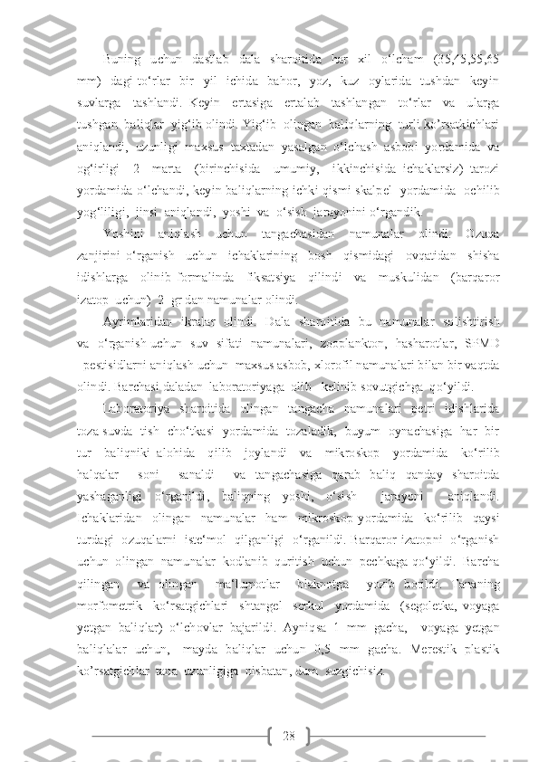 28Buning     uchun     dastlab     dala     sharoitida     har     xil     o‘lcham     (35,45,55,65
mm)     dagi   to‘rlar     bir     yil     ichida     bahor,     yoz,     kuz     oylarida     tushdan     keyin
suvlarga     tashlandi.   Keyin     ertasiga     ertalab     tashlangan     to‘rlar     va     ularga
tushgan  baliqlar  yig‘ib olindi. Yig‘ib  olingan  baliqlarning  turli ko’rsatkichlari
aniqlandi,  uzunligi  maxsus  taxtadan  yasalgan  o‘lchash  asbobi  yordamida  va
og‘irligi     2     marta     (birinchisida     umumiy,     ikkinchisida   ichaklarsiz)   tarozi
yordamida o‘lchandi, keyin baliqlarning ichki qismi skalpel   yordamida   ochilib
yog‘liligi,  jinsi  aniqlandi,  yoshi  va  o‘sish  jarayonini o‘rgandik.
Yoshini     aniqlash     uchun     tangachasidan     namunalar     olindi.     Ozuqa
zanjirini   o‘rganish     uchun     ichaklarining     bosh     qismidagi     ovqatidan     shisha
idishlarga     olinib   formalinda     fiksatsiya     qilindi     va     muskulidan     (barqaror
izatop  uchun)  2  gr dan namunalar olindi.
Ayrimlaridan   ikralar    olindi.   Dala   sharoitida   bu   namunalar   solishtirish
va   o‘rganish uchun   suv   sifati   namunalari,   zooplankton,   hasharotlar,   SPMD
–pestisidlarni aniqlash uchun  maxsus asbob, xlorofil namunalari bilan bir vaqtda
olindi. Barchasi daladan  laboratoriyaga  olib   kelinib sovutgichga  qo‘yildi.
Laboratoriya     sharoitida     olingan     tangacha     namunalari     petri     idishlarida
toza suvda   tish   cho‘tkasi   yordamida   tozaladik,   buyum   oynachasiga   har   bir
tur     baliqniki   alohida     qilib     joylandi     va     mikroskop     yordamida     ko‘rilib
halqalar     soni     sanaldi     va   tangachasiga   qarab   baliq   qanday   sharoitda
yashaganligi   o‘rganildi,   baliqning   yoshi,   o‘sish     jarayoni     aniqlandi.
Ichaklaridan     olingan     namunalar     ham     mikroskop   yordamida     ko‘rilib     qaysi
turdagi   ozuqalarni   iste‘mol   qilganligi   o‘rganildi. Barqaror izatopni   o‘rganish
uchun  olingan  namunalar  kodlanib  quritish  uchun  pechkaga qo‘yildi.  Barcha
qilingan     va   olingan     ma‘lumotlar     blaknotga     yozib   borildi.   Tananing
morfometrik     ko‘rsatgichlari     shtangel     serkul     yordamida     (segoletka,   voyaga
yetgan   baliqlar)   o‘lchovlar   bajarildi.   Ayniqsa   1   mm   gacha,     voyaga   yetgan
baliqlalar     uchun,      mayda   baliqlar    uchun    0,5   mm    gacha.    Merestik    plastik
ko’rsatgichlar  tana  uzunligiga  nisbatan, dum  suzgichisiz. 