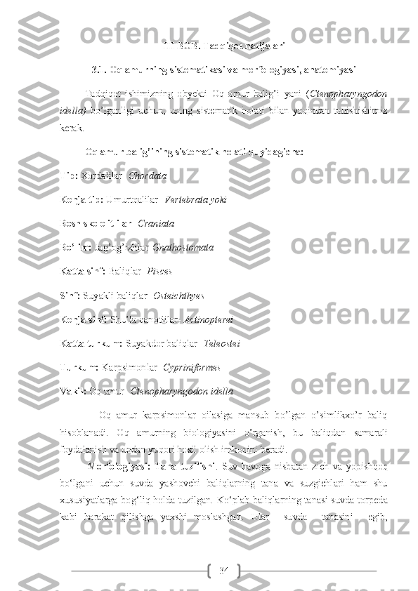 34III BOB. Tadqiqot natijalari
3.1. Oq amurning sistematikasi va morfologiyasi, anatomiyasi
Tadqiqot   ishimizning   obyekti   Oq   amur   balig’i   yani   ( Ctenopharyngodon
idella)   bo’lganligi   uchun,   uning   sistematik   holati   bilan   yaqindan   tanishishimiz
kerak. 
Oq amur balig’ining sistematik holati quyidagicha:
Tip:  Xordalilar-  Chordata
Kenja tip:  Umurtqalilar-  Vertebrata yoki
Bosh skelelitlilar -  Craniata 
Bo’lim:  Jag’og’izlilar- Gnathostomata
Katta sinf:  Baliqlar-  Pisces
Sinf:  Suyakli baliqlar-  Osteichthyes
Kenja sinf:  Shu’la qanotlilar-  Actinopterei
Katta turkum:  Suyakdor baliqlar-  Teleostei
Turkum:  Karpsimonlar-  Cypriniformes
Vakil:  Oq amur-  Ctenopharyngodon idella
              Oq   amur   karpsimonlar   oilasiga   mansub   bo’lgan   o’simlikxo’r   baliq
hisoblanadi.   Oq   amurning   biologiyasini   o’rganish,   bu   baliqdan   samarali
foydalanish va undan yuqori hosil olish imkonini beradi.
              Morfologiyasi:   Tana   tuzilishi .   Suv   havoga   nisbatan   zich   va   yopishqoq
bo‘lgani   uchun   suvda   yashovchi   baliqlarning   tana   va   suzgichlari   ham   shu
xususiyatlarga bog‘liq holda tuzilgan. Ko‘plab baliqlarning tanasi suvda torpeda
kabi   harakat   qilishga   yaxshi   moslashgan.   Ular     suvda     tanasini     egib, 