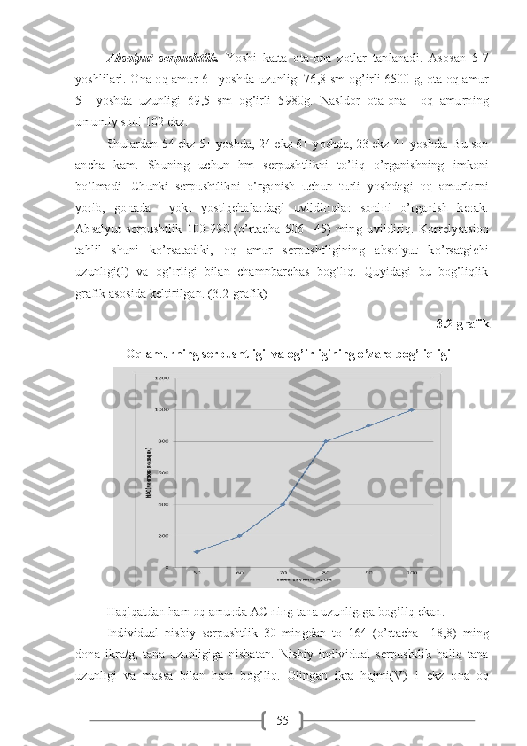 55Absolyut   serpushtlik.   Yoshi   katta   ota-ona   zotlar   tanlanadi.   Asosan   5-7
yoshlilari. Ona oq amur 6+ yoshda uzunligi 76,8 sm og’irli 6500 g, ota oq amur
5+   yoshda   uzunligi   69,5   sm   og’irli   5980g.   Nasldor   ota-ona     oq   amurning
umumiy soni 102 ekz. 
Shulardan 54 ekz 5+ yoshda, 24 ekz 6+ yoshda, 23 ekz 4+ yoshda. Bu son
ancha   kam.   Shuning   uchun   hm   serpushtlikni   to’liq   o’rganishning   imkoni
bo’lmadi.   Chunki   serpushtlikni   o’rganish   uchun   turli   yoshdagi   oq   amurlarni
yorib,   gonada     yoki   yostiqchalardagi   uvildiriqlar   sonini   o’rganish   kerak.
Absalyut   serpushtlik   100-990   (o’rtacha   506     45)   ming   uvildiriq.   Korrelyatsion
tahlil   shuni   ko’rsatadiki,   oq   amur   serpushtligining   absolyut   ko’rsatgichi
uzunligi(l)   va   og’irligi   bilan   chamnbarchas   bog’liq.   Quyidagi   bu   bog’liqlik
grafik asosida keltirilgan. (3.2-grafik)
3.2-grafik 
Oq amurning serpushtligi  va og’irligining o’zaro bog’liqligi
Haqiqatdan ham oq amurda AC ning tana uzunligiga bog’liq ekan. 
Individual   nisbiy   serpushtlik   30   mingdan   to   164   (o’rtacha     18,8)   ming
dona   ikra/g,   tana   uzunligiga   nisbatan.   Nisbiy   individual   serpushtlik   baliq   tana
uzunligi   va   massa   bilan   ham   bog’liq.   Olingan   ikra   hajmi(V)   1   ekz   ona   oq 