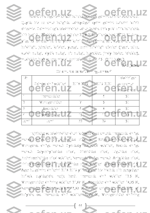 66Barcha tirik organizmlar kabi baliqlar ham turli gelmintlar bilan zararlanadi.
Quyida   biz   oq   amur   balig’ida   uchraydigan   ayrim   gelmint   turlarini   ko’rib
chiqamiz.   Gelmintologik   tekshirishlar   uchun   barcha   tirik   yoki   o ’ lik   baliqlarda
olib borildi. Tekshirish uchun baliqlar 2018-2020 yilla r da jami bo ’ lib 50 dona,
yilga   25   donadan   baliqlar   yorib   ko’rildi .   Baliqlarning   teri,   suzgichlari,   og’iz
bo’shlig’i,   jabralari,   ko’zlari,   yuragi,   qorin   bo’shlig’i   a’zolari   (jigari,   taloq,
suzish   pufagi,   siydik   pufagi,   o’t   pufagi,   buyraklar,   jinsiy   bezlar,   ichaklar),
mushaklar, bosh va orqa miyasi, qoni tekshirildi [40. 45] .  (3.10-jadval)
3.10-jadval
Oq amurda parazitlarning uchrashi                                                                                       
T/r
Gelmint sinfi vakillari 2018-2019 2019-2020 Tekshirilgan
oq amur
baliqlar soni
1 Trematodalar 4 6 50
2 Monogenoidlar 7 5 50
3 Sestodalar 6 8 50
4 Nematodalar 15 10 50
Jami Jami 32 29 50
Tajribalar   va   tekshirishlar   shuni   ko’rsatdiki   oq   amurda  Trematoda  sinfiga
mansub   bo’lgan     Diplostomatidae   oilasi   va     Strigeidae   oilasi   vakillari,
Monogenea   sinfiga   mansub   Gyrodactylidae   oilasi   vakillari,   Sestoda   sinfiga
mansub   Caryophyllaeidae   oilasi,   Dilepididae   oilasi,   Ligulidae   oilasi,
Bothriocephalidae   oilasi   vakillari,   Nematoda   sinfiga   mansub   Anisakidae   oilasi,
Philometridae   oilasi,   Dioctophymidae   oilasi   vakillari   uchrashi   aniqlandi.[4.5]
Agar  bu  gelmint  sinflarini  2018-2019  yil   bo’yicha  foiz  hisobda   olib  qaraydigan
bo’lsak   quyidagicha   natija   berdi.   Trematoda   sinfi   vakillari   12.5   %,
Monogenoidlar   sinfining   vakillari   21,87   %,     Sestodalar   sinfi   vakillari   18,75   %,
Nematodalar   sinfining   v akillari   46,87   %   bo’lgani   aniqlandi.     2019-2020   yil
bo’yicha   esa   Trematoda   sinfi   vakillari   20,68   %,   Monogenoidlar   sinfining 