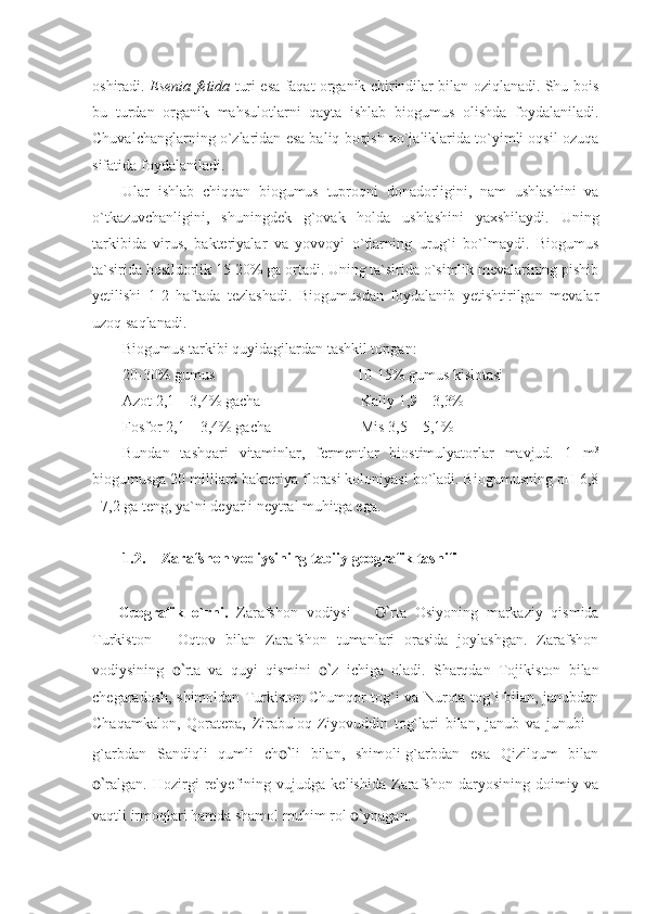 oshiradi.   Esenia   fetida   turi esa faqat organik chirindilar bilan oziqlanadi. Shu bois
bu   turdan   organik   mahsulotlarni   qayta   ishlab   biogumus   olishda   foydalaniladi.
Chuvalchanglarning o`zlaridan esa baliq boqish xo`jaliklarida to`yimli oqsil ozuqa
sifatida foydalaniladi.
Ular   ishlab   chiqqan   biogumus   tuproqni   donadorligini,   nam   ushlashini   va
o`tkazuvchanligini,   shuningdek   g`ovak   holda   ushlashini   yaxshilaydi.   Uning
tarkibida   virus,   bakteriyalar   va   yovvoyi   o`tlarning   urug`i   bo`lmaydi.   Biogumus
ta`sirida hosildorlik 15-20% ga ortadi. Uning ta`sirida o`simlik mevalarining pishib
yetilishi   1-2   haftada   tezlashadi.   Biogumusdan   foydalanib   yetishtirilgan   mevalar
uzoq saqlanadi.
Biogumus tarkibi quyidagilardan tashkil topgan:
20-30% gumus          10-15% gumus kislotasi
Azot 2,1 – 3,4% gacha Kaliy 1,9 – 3,3%
Fosfor 2,1 – 3,4% gacha Mis 3,5 – 5,1%
Bundan   tashqari   vitaminlar,   fermentlar   biostimulyatorlar   mavjud.   1   m 3
biogumusga 20 milliard bakteriya florasi koloniyasi bo`ladi. Biogumusning рH 6,8
- 7,2 ga teng, ya`ni deyarli neytral muhitga ega.
1.2. Zarafshon vodiys ining tabiiy geografik tasnifi
Geografik   o`rni.   Zarafshon   vodiysi   –   O` rta   Osiyoning   markaziy   qismida
Turkiston   –   Oqtov   bilan   Zarafshon   tumanlari   orasida   joylashgan.   Zarafshon
vodiysining   o` rta   va   quyi   qismini   o` z   ichiga   oladi.   Sharqdan   Tojikiston   bilan
chegaradosh, shimoldan Turkiston Chumqor tog`i va Nurota tog`i bilan, janubdan
Chaqamkalon,   Qoratepa,   Zirabuloq-Ziyovuddin   tog`lari   bilan,   janub   va   junubi   –
g`arbdan   Sandiqli   qumli   ch o` li   bilan,   shimoli-g`arbdan   esa   Qizilqum   bilan
o` ralgan.   Hozirgi   relyefining   vujudga   kelishida   Zarafshon   daryosining   doimiy   va
vaqtli irmoqlari hamda shamol muhim rol  o` ynagan. 