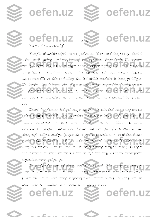 Kirish
Mavzuning dolzarbligi
Yоmg`ir   chuvalchanglari   tuproq   jonivorlari   biomassasining   asosiy   qismini
tashkil   etadi.   Uning   1   m 2
  maydondagi   soni   ayrim   ekosistemalarda   500   tagacha
etadi (Rahmatullaev, 2004). Yomg`ir chuvalchanglari tuproq hosil bo`lishidagi va
uning   tabiiy   hosildorligini   saqlab   qolishdagi   ahamiyati   ekologiya,   zoologiya,
tuproqshunoslik   va   dehqonchilikga   doir   ko`pchilik   manbalarda   keng   yoritilgan.
Ch. Darvin “Omoch inson ixtiro qilgan eng qadimgi va eng muhim ahamiyatga ega
bo`lgan   mehnat   qurollaridan   biridir,   ammo   ungacha   yomg`ir   chuvalchanglari
tuproqqa ishlv berib kelgan va hamma vaqt ishlov berib kelishaveradi” deb yozgan
edi.
Chuvalchanglarning faoliyati natijasida o`simlik qoldiqlari tuproqning chuqur
qatlamlariga o`tib qoladi, tuproq yumshab, unga suv va havo o`tishi yaxshilanadi.
Tuproq   aeratsiyasining   yaxshilanishi   tufayli,   organik   moddalarning   aerob
parchalanish   jarayoni   tezlashadi.   Bundan   tashqari   yomg`ir   chuvalchanglari
ichagidagi   polimerizatsiya   jarayonida   organik   moddalarning   parchalanishidan
gumin   kislotalar   hosil   bo`ladi.   Bu   kislotalar   mineral   komponentlar   bilan   birga
kompleks   birikma   gumusni   hosil   qiladi.   Chuvalchanglar   jig`ildonida   joylashgan
bezlar   ajratib   chiqaradigan   mahsus   moddalar,   tuproqning   kislotalik   reaksiyasini
neytrallash xususiyatiga ega.   
Chuvalchanglar tuproqni ichagi orqali o`tkazib, uni 10-15 foiz gumusli mayda
donador   koprolitlar holida chiqaradi. Bunday koprolitlar ichida mikroorganizmlar
yaxshi   rivojlanadi.   Ular   ichagida   yashaydigan   ammonifikatsiya   bakteriyalari   esa
azotli organik moddalarni ammiakgacha minerallashtiradi. 