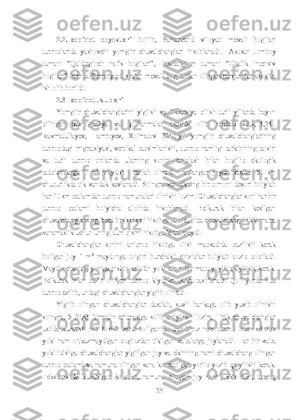 2.2. Tadqiqot   obyektlari   bo`lib ,   Samarqand   viloyati   mevali   bog`lari
tuproqlarida   yashovchi   yomg`ir   chuvalchanglari   hisoblanadi.     Asosan   Jomboy
tumani   “Qaldirg`och   nafis   bog`lari”,   Pastdarg`om   tumani   “Оhalik   intensiv
bog`lari”   hamda   Samarqand   shahri   mevali   bog`lardan   olingan   namunalar   asosida
ish olib borildi.   
2.3 Tadqiqot uslublari
Yomg`ir   chuvalchanglarini   yig`ish   va   fiksatsiya   qilish   turli   yillarda   bayon
qilingan   monografiya   va   qo`llanmalar   asosida   olib   boriladi   [3,9,14,24].
Raxmatullayev,   Hamroyev,   Xolmatov   2010-yil   yomg`ir   chuvalchanglarining
tuproqdagi   migratsiyasi,   vertikal   taqsimlanishi,   tuproq   namligi   tarkibining   ta`siri
va   turli   tuproq   tiplarida   ularning   sonini   aniqlash   bilan   bog`liq   ekologik
tadqiqotlarga   1   m 2
  maydon     tanlab   olinadi.   Tanlangan   joyda   dastlab   50   sm
chuqurlikda  tik xandak  kavlanadi. So`ngra xandakning bir  tomoni  devori  bo`ylab
har 10 sm qatlamdan tuproq namunalari olinishi lozim. Chuvalchanglar soni har bir
tuproq   qatlami   bo`yicha   alohida   hisoblanadi.   Belkurak   bilan   kesilgan
chuvalchanglarning faqat bosh qismi hisobga olinib, bitta chuvalchangni ikki marta
sanamaslik uchun uning dum qismi hisobga kiritilmaydi.
Chuvalchanglar   sonini   aniqroq   hisobga   olish   maqsadida   qazilishi   kerak
bo`lgan   joy   1   m 2
  maydonga   to`g`ri   burchakli   chiziqlar   bo`ylab   qoziq   qoqiladi.
Maydonchaning yoniga pishiq selofan yoki biron bir mato yoyib qo`yilishi kerak.
Belkurak   bilan   qazib   olingan   tuproq   klyonka   ustiga   tashlanadi.   Qo`l   yordamida
tuproq ezilib, undagi chuvalchanglar yig`ib olinadi.
Yig`ib   olingan   chuvalchanglar   dastlab,   suvli   bankaga   olib   yuvib   olinishi
so`ngra,   5   foizli   formalin   eritmasiga   solib   qo`yilishi   lozim.   Tirik   chuvalchanglar
ustida   kuzatish   olib   borish   zarur   bo`lganida   ular   biroz   nam   tuproq   bilan   selofan
yoki   nam   o`tkazmaydigan   qog`ozdan   tikilgan   xaltalarga   joylanadi.   Har   bir   xalta
yoki   idishga   chuvalchanglar   yig`ilgan   joy  va   ekinning   nami   chuvalchang   olingan
tuproq qatlami va namuna olingan sana ko`rsatilgan yorliq yozib qo`yilishi kerak.
Tekshirishda   kuzatilgan   holatlar,   namuna   olingan   joy   nomi,   ekin   turi,   tuproq
23 