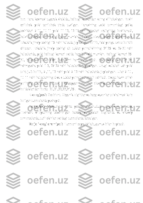 bor. Tana kesmasi  tugarak shaklda,  belbog`  kamaridan  so`ng silliqlashgan.  Boshi
epilobek   yoki   tanilobek   tipda   tuzilgan.   Tanasining   ustki   tomonidagi   yelka
teshiklari   9-10,   10-11   yoki   11-12,   12-13-nchi   halqalari   oralig`idan   boshlanadi,
ba`zi   hollarda   bo`lmasligi   ham   mumkin.   Tuklari   o`zaro   yaqin   joylashmagan.
Erkaklik jinsiy teshigi 15-nchi halqada joylashgan bo`lib, ikki yonga ozroq bo`rtib
chiqqan.   Erkaklik   jinsiy   teshigi   ab   tuklar   yo`nalishining   24-25   va   29-30-nchi
halqalarida, yoki belbog` kamari ostida ham bo`lishi mumkin. Belbog` kamari 25-
30,   ba`zan   24-31   –   nchi   halqalarni   ham   band   etadi.   Bezli   valigi   1-2,   26-28-
nchmgacha   yoki   1-2,   27-29-nchi   halqalarda   joylashgan.   Urug`   xaltalari   uch   yoki
to`rt   juft   bo`lib,   9-,11,   12-nchi   yoki   9-12-nchi   halqalarda   joylashgan.   Ular   9-10-,
10-11-nchi halqalarning d va s tuklar yo`nalishi orqali ochiladi. Ovqat hazm qilish
yo`lining   11-nchi   halqasi   kengaygan   bo`lib,   plastinka   shakldagi   ohak
bo`daklaridan iborat [20,21,22,23,24,25].
Ekologiyasi:  Geobiont. Organik o`g`itlar va barg-xazonlar to`shalmasi ko`p
bo`lgan tuproqlarda yashaydi.
Tarqalishi:   Mazkur   tur   O`rta   yer   dengizi   hududi   uchun   xos   bo`lsada,
Toshkent   viloyatining   tekshirilgan   barcha   xo`jaliklari   bog`larida   va   shaxsiy
tomorqalarda, turli ekinlar ostidagi tuproqlarda tarqalgan. 
Xo`jalikdagi ahamiyati:  Tuproqni qayta ishlab, gumus bilan boyitadi.  