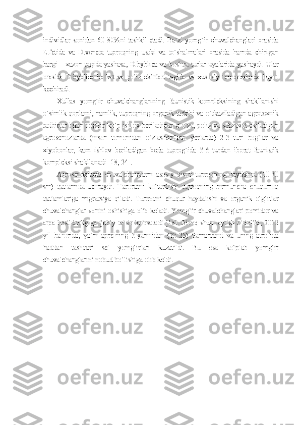 individlar   sonidan   60-80%ni   tashkil   etadi.   Ba`zi   yomg`ir   chuvalchanglari   orasida
E.fetida   va   D.veneta   tuproqning   ustki   va   to`shalmalari   orasida   hamda   chirigan
bargi – xazon tagida yashasa, D.byblica va boshqa turlar uyalarida yashaydi. Ular
orasida   D.byblica   ko`kat   va   poliz   ekinlari   tagida   va   xususiy   tomorqalarda   hayot
kechiradi.
Xullas   yomg`ir   chuvalchanglarining   faunistik   kompleksining   shakllanishi
o`simlik qoplami, namlik, tuproqning organik tarkibi va o`tkaziladigan agrotexnik
tadbirlar bilan bog`liq ko`p ishlov beriladigan g`o`za, poliz va sabzavot ekiladigan
agrosenozlarda   (inson   tomonidan   o`zlashtirilgan   yerlarda)   2-3   turi   bog`lar   va
xiyobonlar,   kam   ishlov   beriladigan   beda   tuprog`ida   3-6   turdan   iborat   faunistik
kompleksi shakllanadi [18, 24].
Agrosenozlarda   chuvalchanglarni   asosiy   qismi   tuproqning   haydalma   (10-30
sm)   qatlamida   uchraydi.   Haroratni   ko`tarilishi   tuproqning   birmuncha   chuqurroq
qatlamlariga   migratsiya   qiladi.   Tuproqni   chuqur   haydalishi   va   organik   o`g`itlar
chuvalchanglar sonini oshishiga olib keladi. Yomg`ir chuvalchanglari pomidor va
arpa hosildorligiga ijobiy ta`sir  ko`rsatadi  [18]. Biroq shuni  aytish o`rinliki, 2012
yil   bahorida,   ya`ni   aprelning   3-yarmidan   (23-25)   Samarqand   va   uning   atrofida
haddan   tashqari   sel   yomg`irlari   kuzatildi.   Bu   esa   ko`plab   yomg`ir
chuvalchanglarini nobud bo`lishiga olib keldi. 