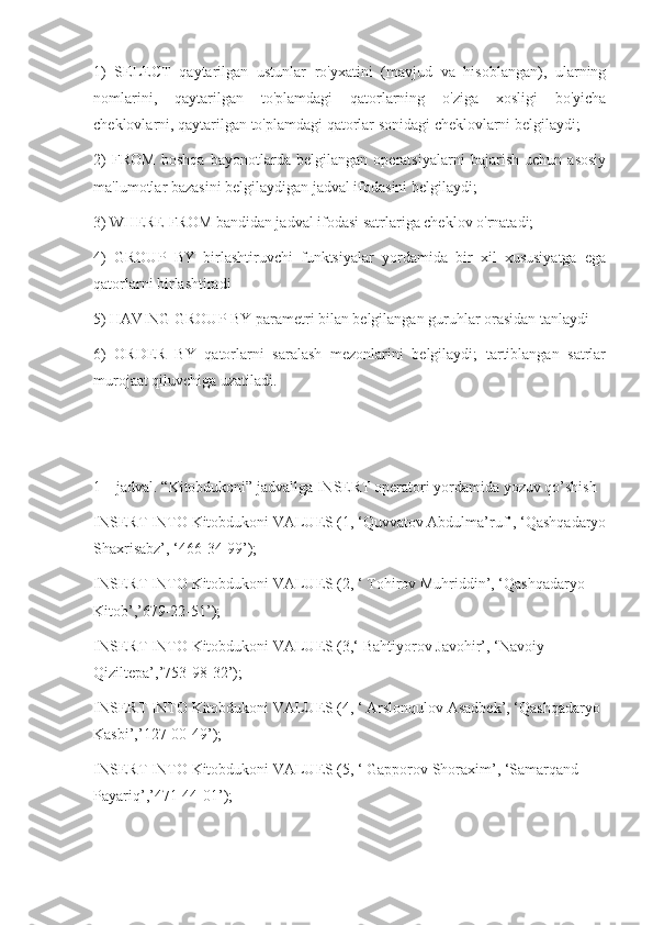 1)   SELECT   qaytarilgan   ustunlar   ro'yxatini   (mavjud   va   hisoblangan),   ularning
nomlarini,   qaytarilgan   to'plamdagi   qatorlarning   o'ziga   xosligi   bo'yicha
cheklovlarni, qaytarilgan to'plamdagi qatorlar sonidagi cheklovlarni belgilaydi;
2)   FROM   boshqa   bayonotlarda   belgilangan   operatsiyalarni   bajarish   uchun   asosiy
ma'lumotlar bazasini belgilaydigan jadval ifodasini belgilaydi;
3) WHERE FROM bandidan jadval ifodasi satrlariga cheklov o'rnatadi;
4)   GROUP   BY   birlashtiruvchi   funktsiyalar   yordamida   bir   xil   xususiyatga   ega
qatorlarni birlashtiradi
5) HAVING GROUP BY parametri bilan belgilangan guruhlar orasidan tanlaydi
6)   ORDER   BY   qatorlarni   saralash   mezonlarini   belgilaydi;   tartiblangan   satrlar
murojaat qiluvchiga uzatiladi.
1 – jadval. “Kitobdukoni” jadvallga INSERT operatori yordamida yozuv qo’shish
INSERT INTO Kitobdukoni VALUES (1, ‘Quvvatov Abdulma’ruf’, ‘Qashqadaryo
Shaxrisabz’, ‘466-34-99’);
INSERT INTO Kitobdukoni VALUES (2, ‘ Tohirov Muhriddin’, ‘Qashqadaryo  
Kitob’,’679-22-51’);
INSERT INTO Kitobdukoni VALUES (3,‘ Bahtiyorov Javohir’, ‘Navoiy   
Qiziltepa’,’753-98-32’);
INSERT INTO Kitobdukoni VALUES (4, ‘ Arslonqulov Asadbek’, ‘Qashqadaryo 
Kasbi’,’127-00-49’);
INSERT INTO Kitobdukoni VALUES (5, ‘ Gapporov Shoraxim’, ‘Samarqand  
Payariq’,’471-44-01’); 