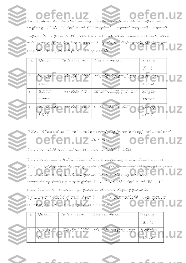 Buning uchun SET kalit so'zidan keyin bir emas, balki bir nechta maydonlarni 
belgilang: UPDATE jadval_nomi SET maydon1 = qiymat1 maydon2 = qiymat2 
maydon_N = qiymat_N [WHERE shart] Ushbu shaklda operatorni ishlatish avval 
muhokama qilinganidan farq qilmaydi. Bu yerda, xuddi shu tarzda, siz shartlarni 
shakllantirishda juda ehtiyot bo'lishingiz kerak
 id Manzili Telfon raqami Elektron manzili Boshliq 
I.SH.O
3 Navoiy 
shahri +998956101234 Imkonkitob@gmail.com Axmedov 
Behruz
7 Xatirchi 
tumani +998953234241 benazirkitob@gmail.com Soliyev 
Javoxir
9 Samarqand
shahri +998953637842 sofkitob@gmail.com Qarshiyev 
Usmon
2.2.4.  “Kitob do’koni” ma’lumotlar bazasining jadvallaridagi ma’lumotlarni
o’chirish.
DELETE FROM kitob_do’kon WHERE id30 AND id<23;
DELETE operatori. Ma’lumotlarni o’chirish Jadvaldagi ma'lumotlarni o'chirish 
DELETE so'zi yordamida amalga oshiriladi. Ushbu operator alohida maydonlardan
ma'lumotlarni emas, balki butun yozuvni to'liq olib tashlaydi. DELETE 
operatorining sintaksisi quyidagicha: DELETE FROM jadval_nomi [WHERE 
shart] O'chirilishi kerak bo'lgan yozuvlar WHERE ixtiyoriy yozuvidan 
foydalangan holda belgilanadi. Agar DELETE ko'rsatmasida WHERE operatori 
bo'lmasa, ma'lumotlar butun jadvaldan o'chiriladi. 
id Manzili Telfon raqami Elektron manzili Boshliq 
I.SH.O
3 Navoiy 
shahri +998956101234 Imkonkitob@gmail.com Axmedov 
Behruz 