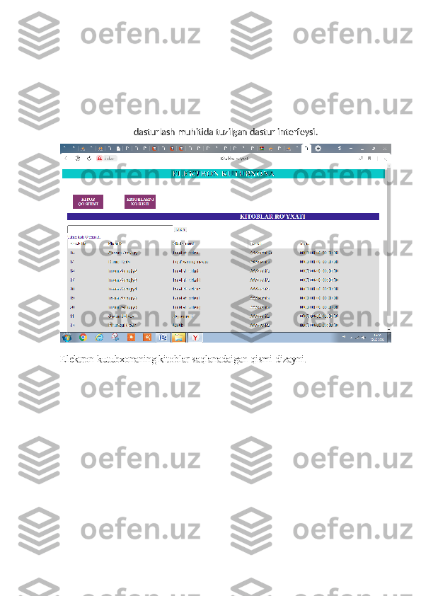 dasturlash muhitida tuzilgan dastur interfeysi.
Elektron kutubxonaning kitoblar saqlanadaigan qismi dizayni. 